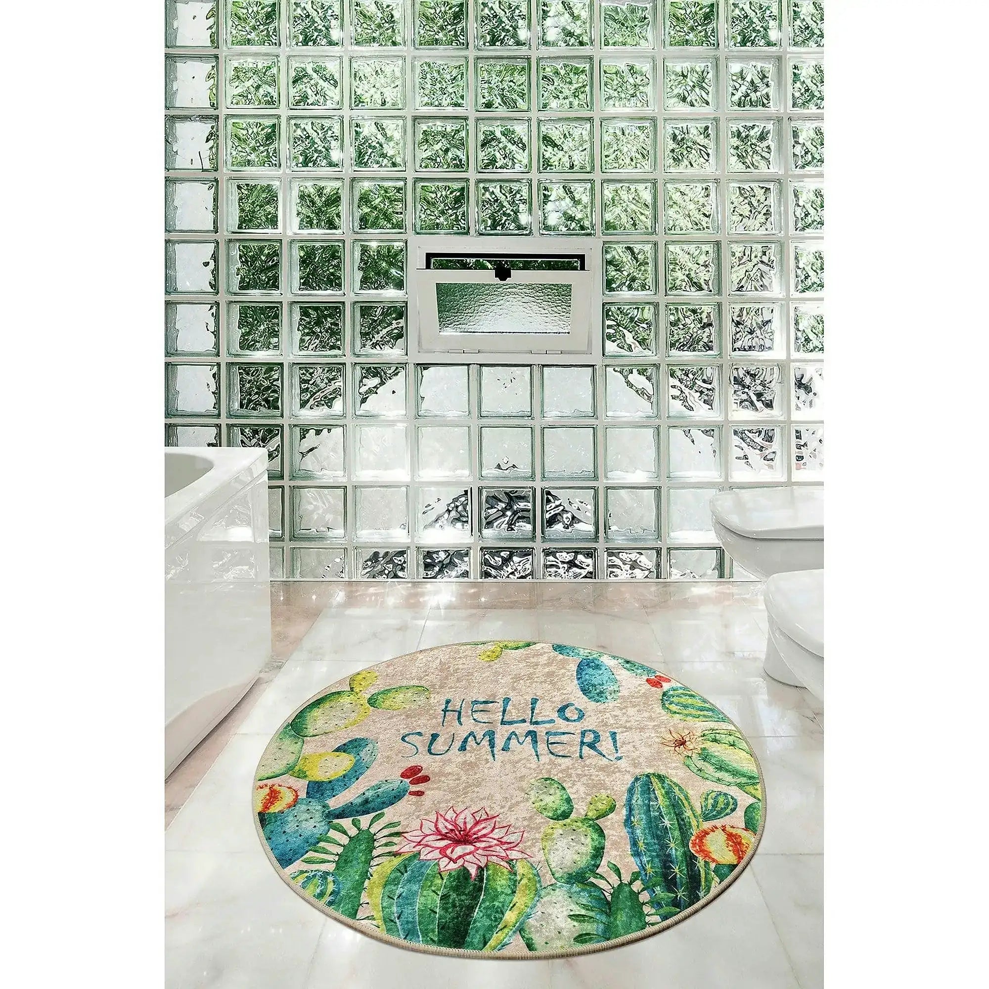 Covoras baie HELLO SUMMER, 100x100 cm, forma rotunda, poliester, multicolor