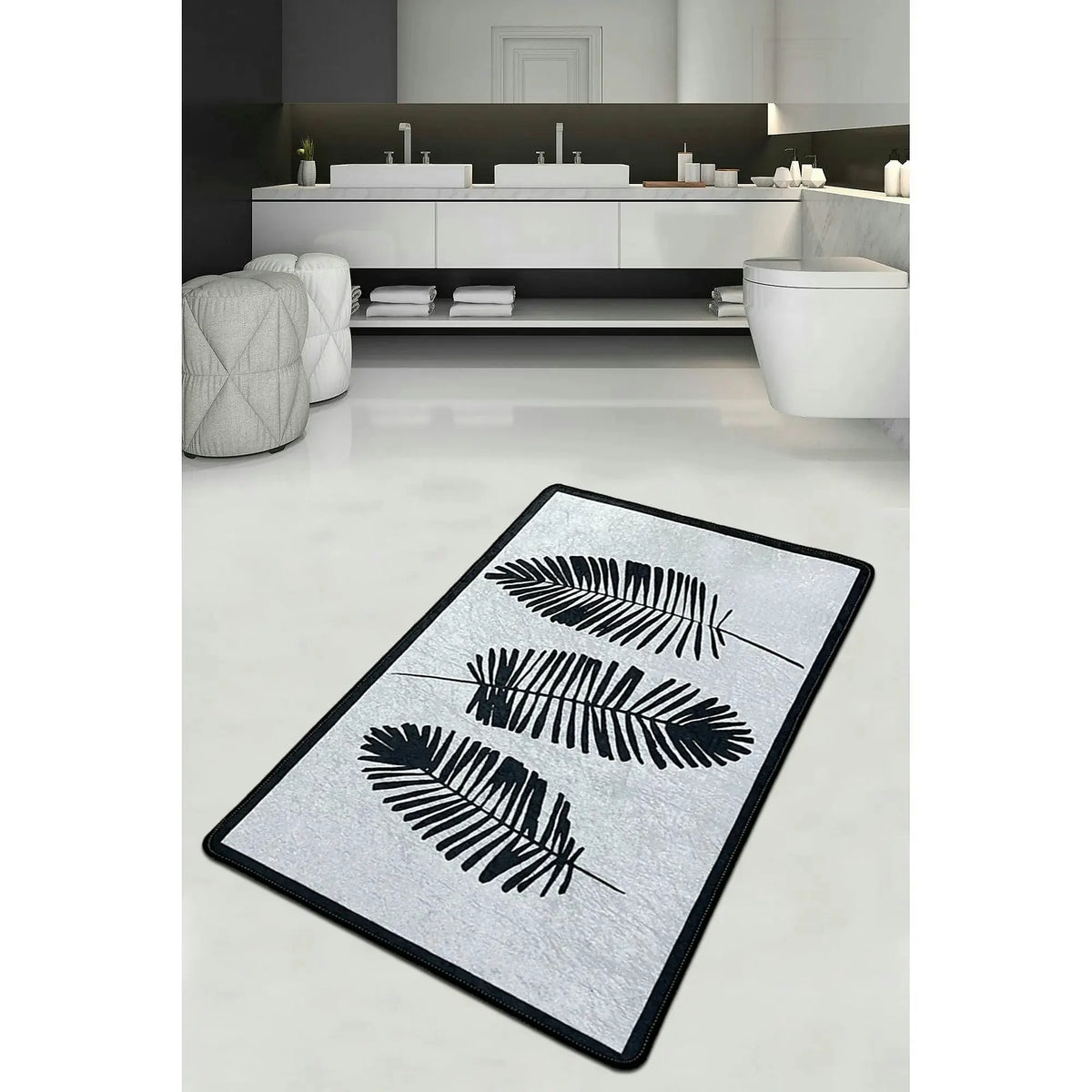 Covoras baie HOJA DJT, 70x200 cm, forma dreptunghiulara, poliester, crem/negru