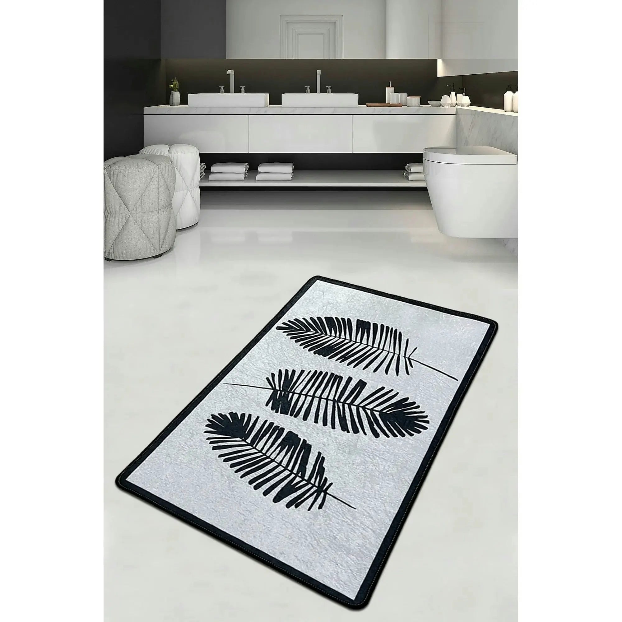 Covoras baie HOJA DJT, 70x200 cm, forma dreptunghiulara, poliester, crem/negru