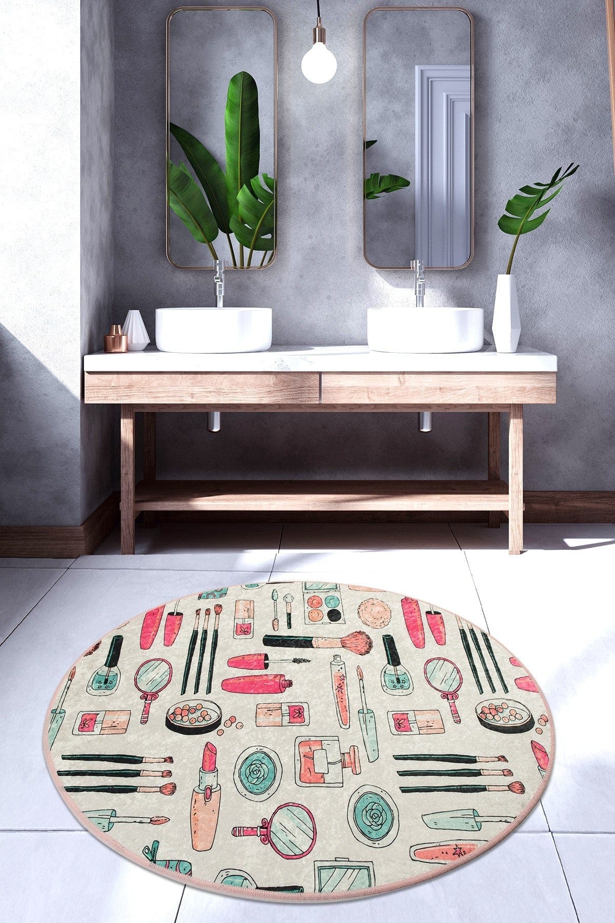 Covoras baie MAKEUP DJT, 100x100 cm, forma rotunda, poliester, multicolor
