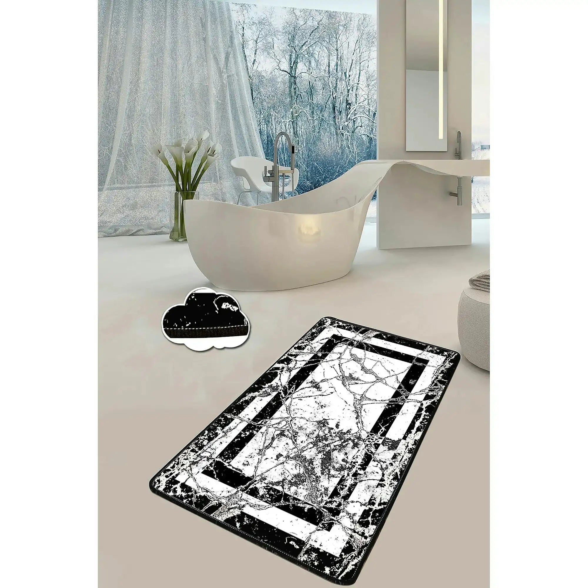 Covoras baie MARMOR, 80x100 cm, forma dreptunghiulara, poliester, alb/negru