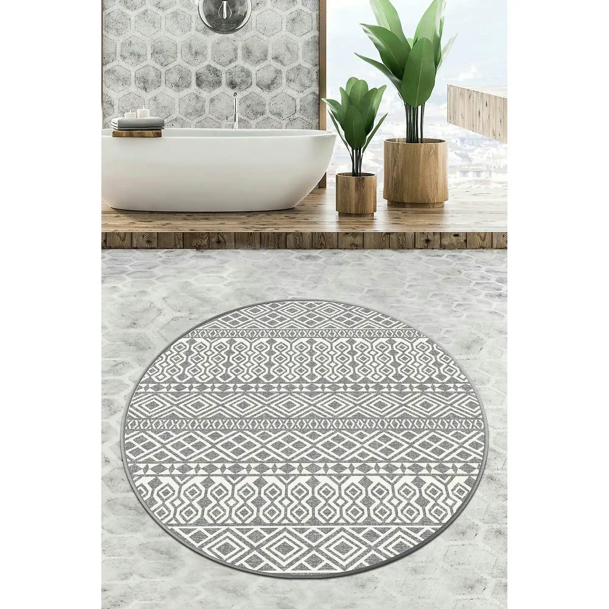 Covoras baie ORDER CIRCLE DJT, 100x100 cm, forma rotunda, poliester, gri/alb