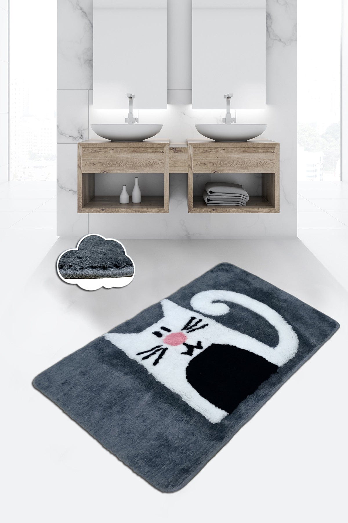 Covoras baie PINK NOSE, 70x120 cm, forma dreptunghiulara, poliester, gri/alb