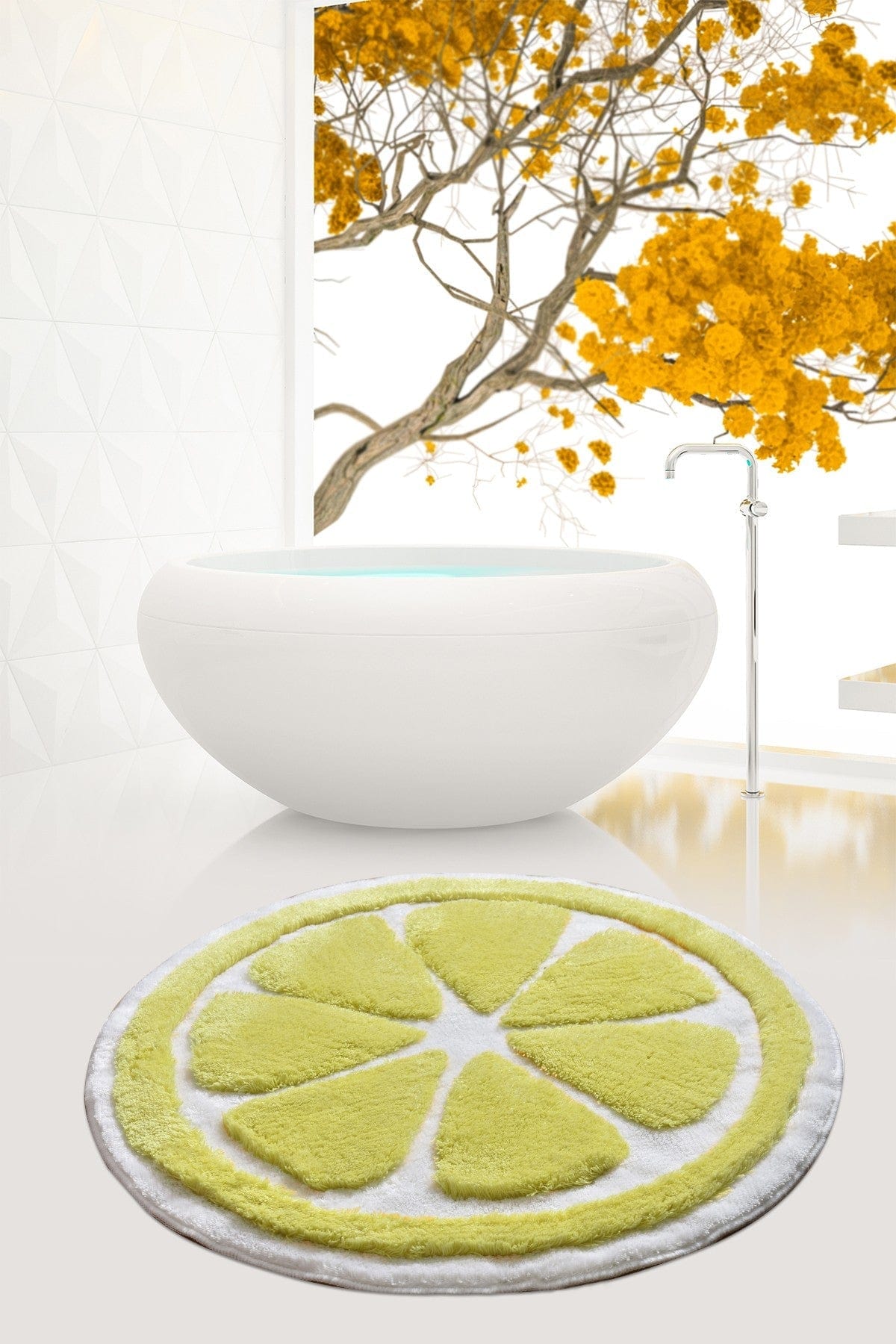 Covoras baie PORTAKAL, 90x90 cm, forma rotunda, acril, galben/alb