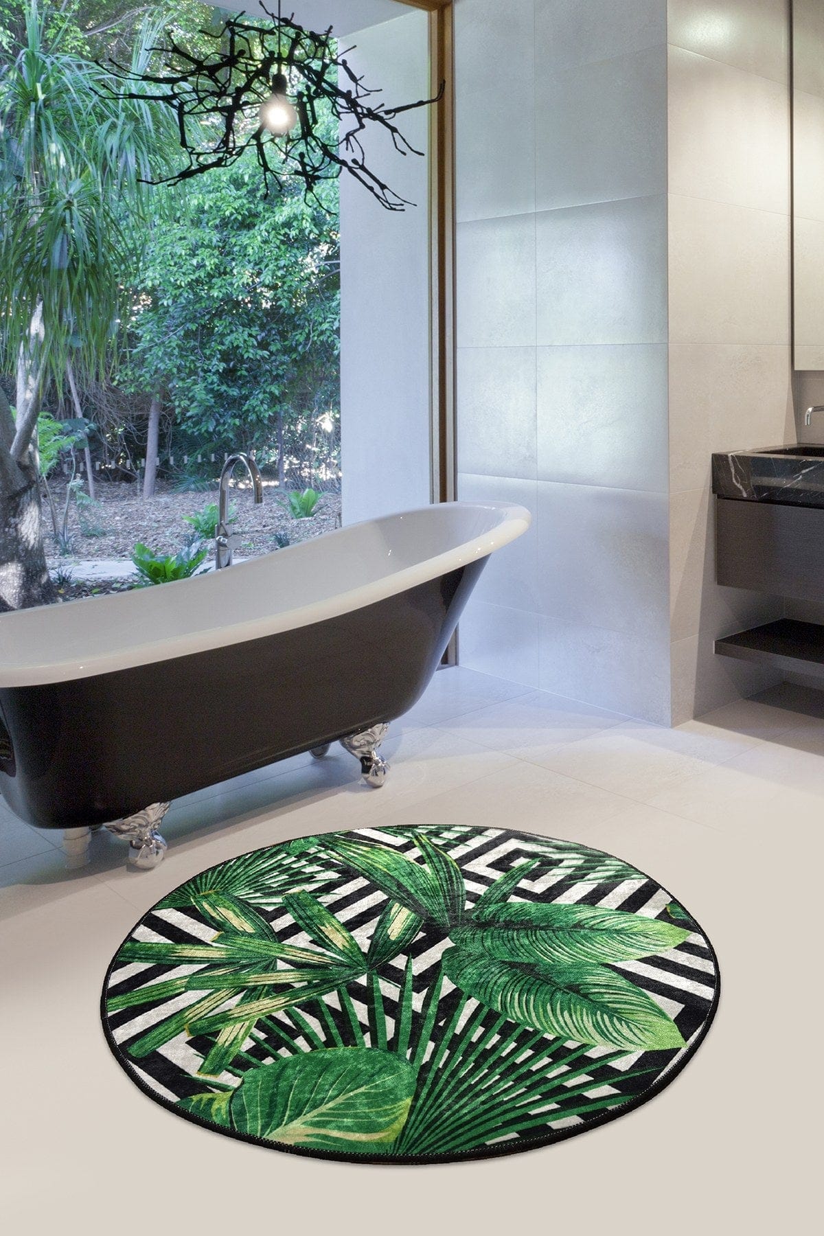 Covoras baie TROPIC DJT, 100x100 cm, forma rotunda, poliester, verde/negru