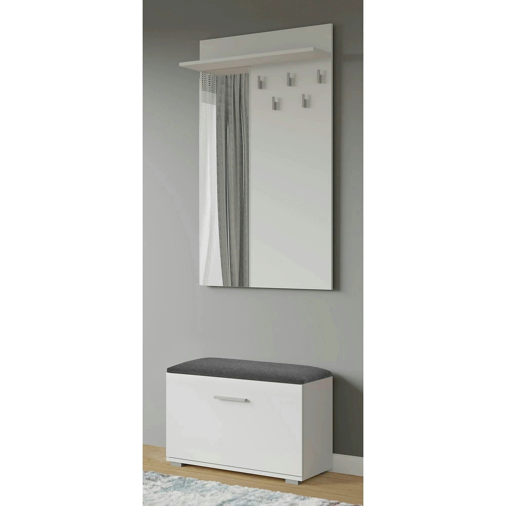 Cuier de perete cu oglinda LIMA PR-1, alb, PAL laminat, 70x20x120 cm