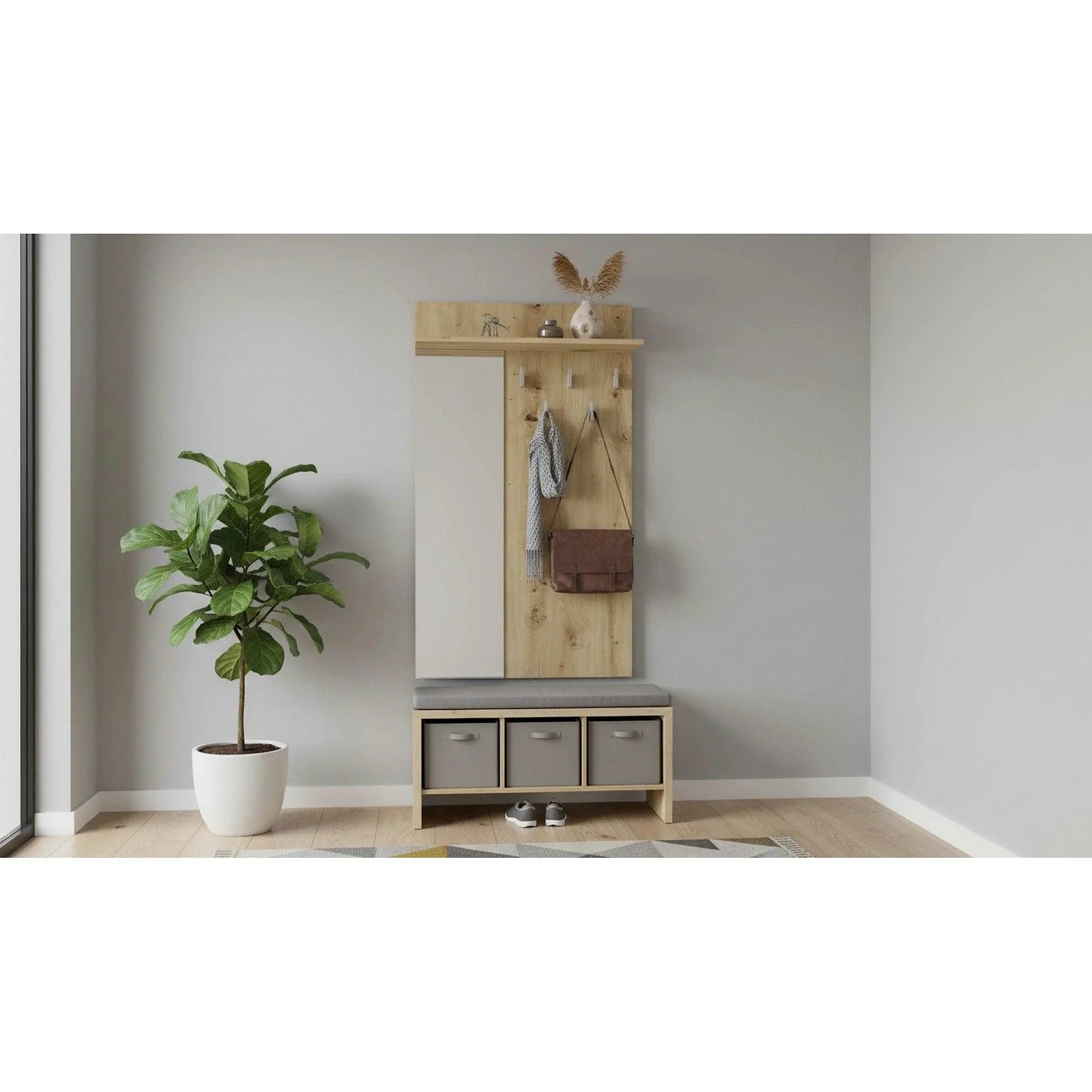 Cuier de perete cu oglinda LIMA PR-1, stejar artisan, PAL laminat, 70x20x120 cm