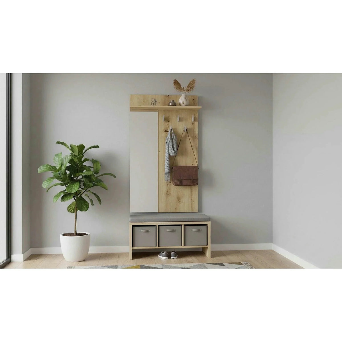 Cuier de perete cu oglinda LIMA PR-1, stejar artisan, PAL laminat, 70x20x120 cm