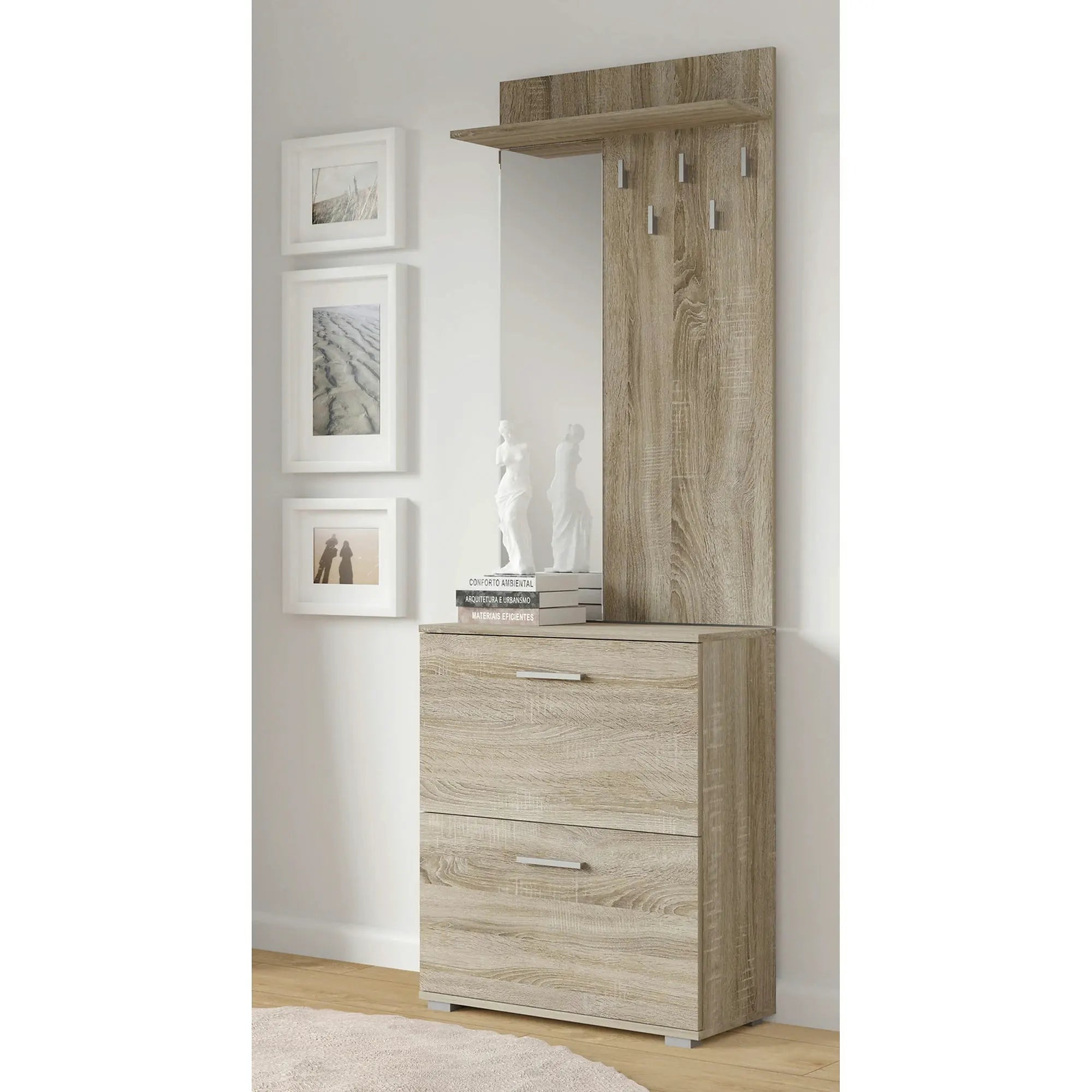 Cuier de perete cu oglinda LIMA PR-1, stejar sonoma, PAL laminat, 70x20x120 cm