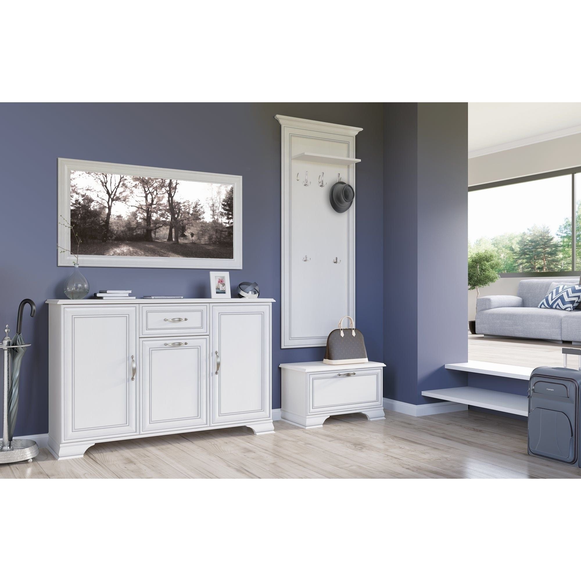 Cuier de perete TIFFANY (Tiffy), alb vintage, PAL laminat, 70x22x150 cm