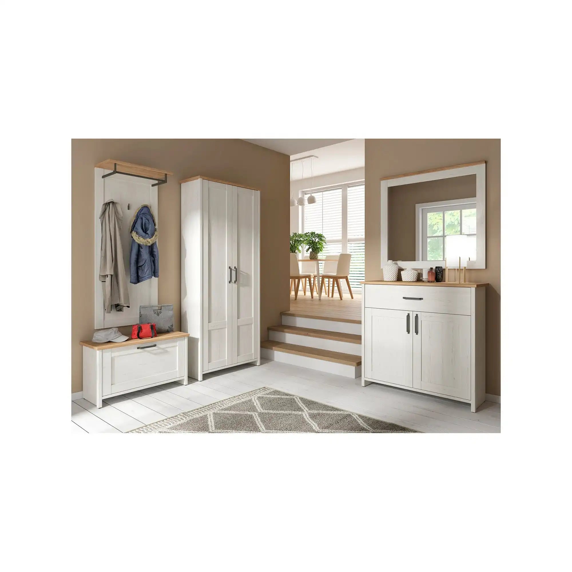 Cuier hol LOKSA, alb/stejar, PAL laminat, 59x30x143 cm