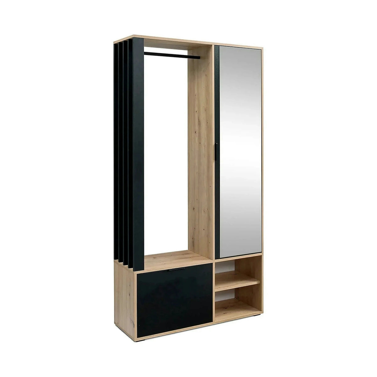 Cuier mobila hol MILO, stejar artisan/negru, PAL laminat/metal, 100x33x189 cm
