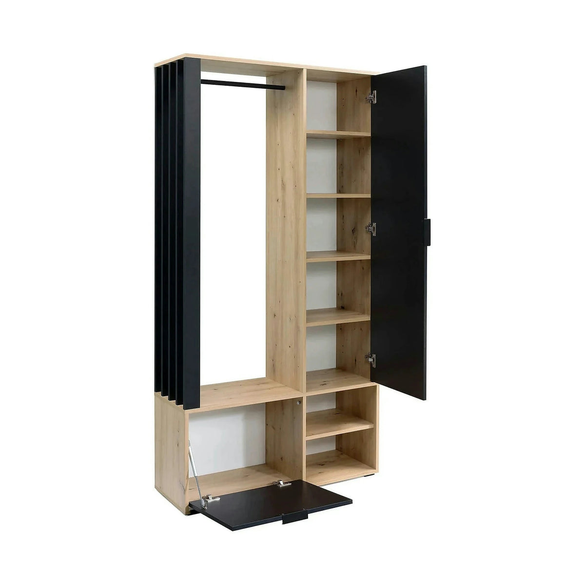 Cuier mobila hol MILO, stejar artisan/negru, PAL laminat/metal, 100x33x189 cm