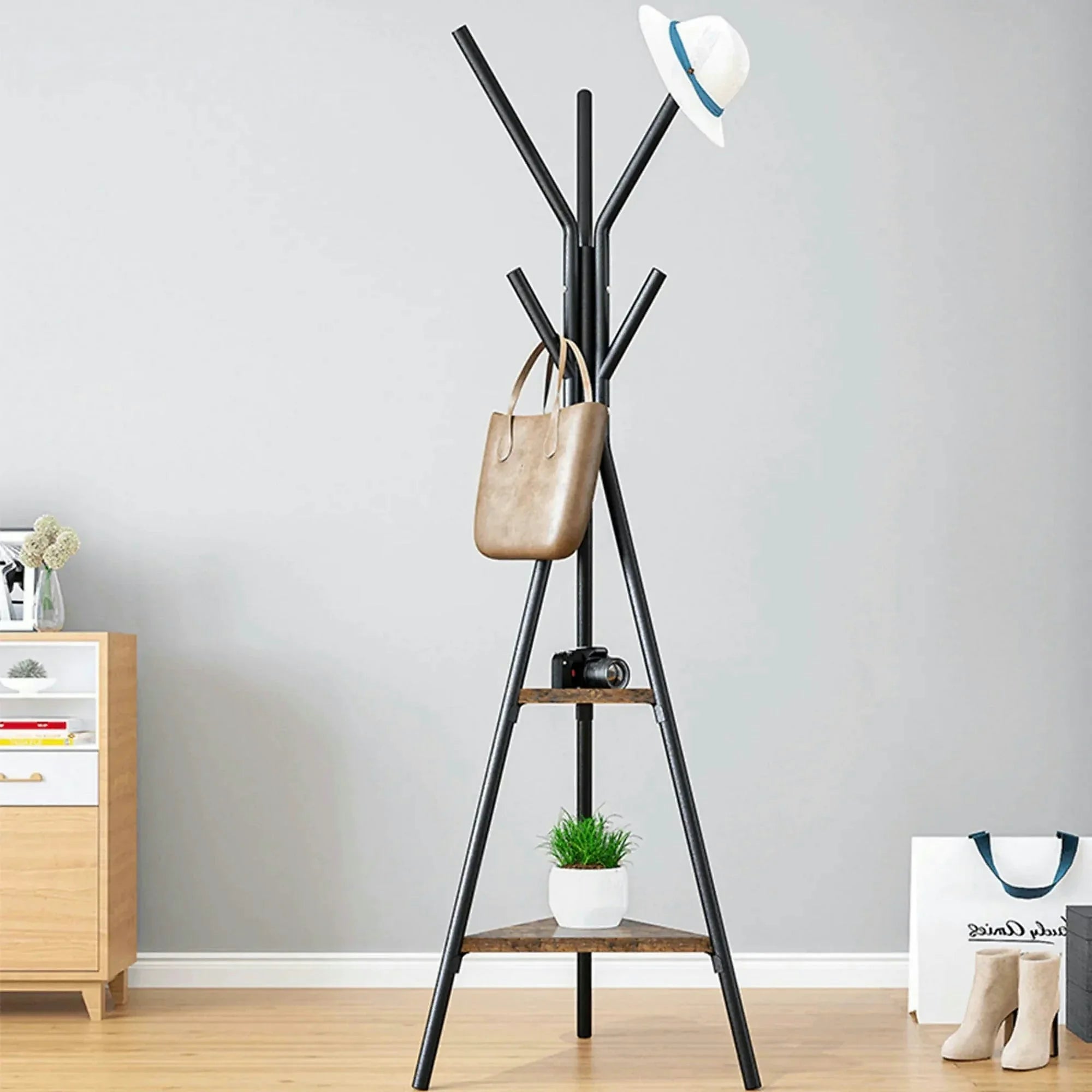Cuier pom PLENTO, negru, metal/lemn, 50x181 cm