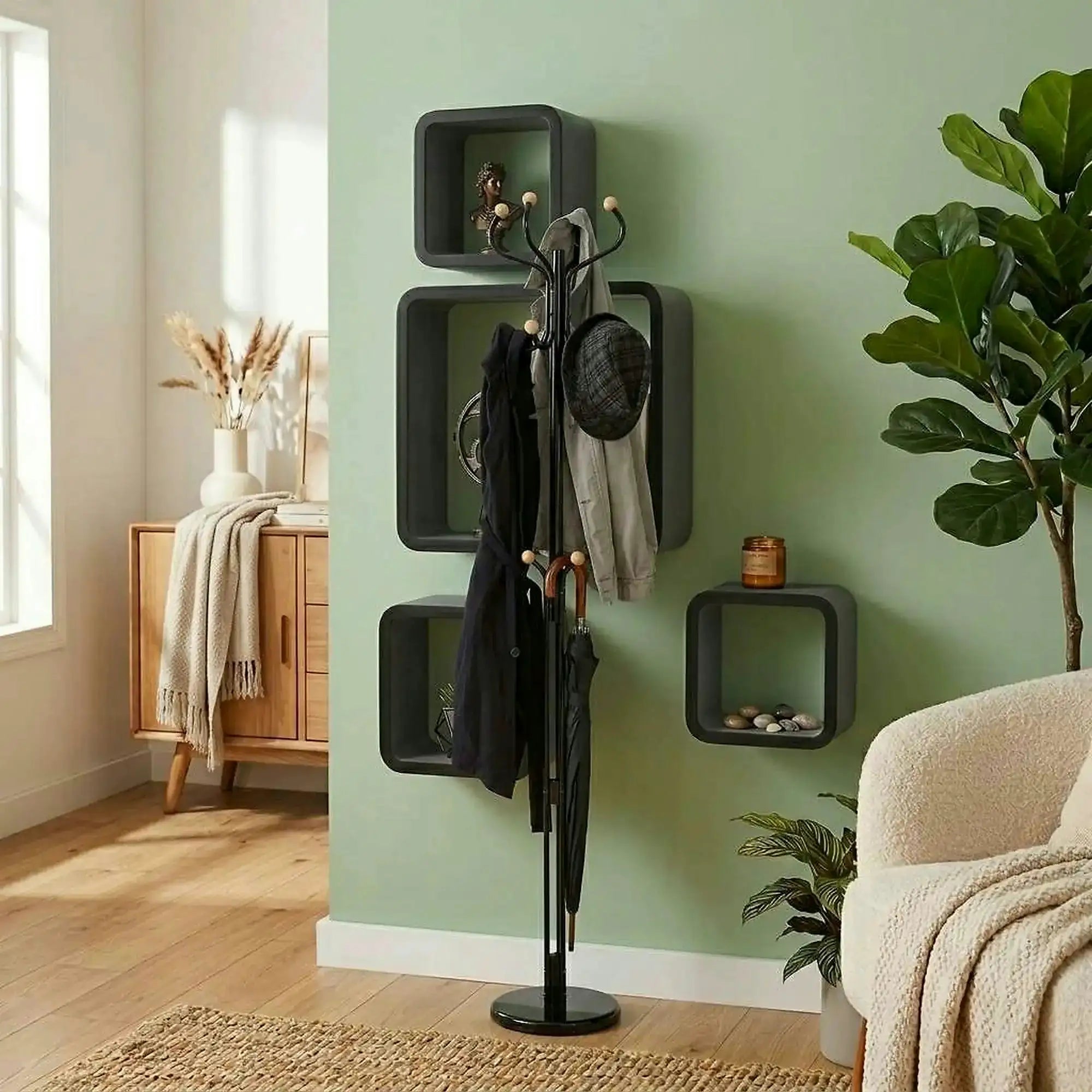 Cuier pom VASIL, negru lucios/stejar, metal/lemn, 30x30x198 cm
