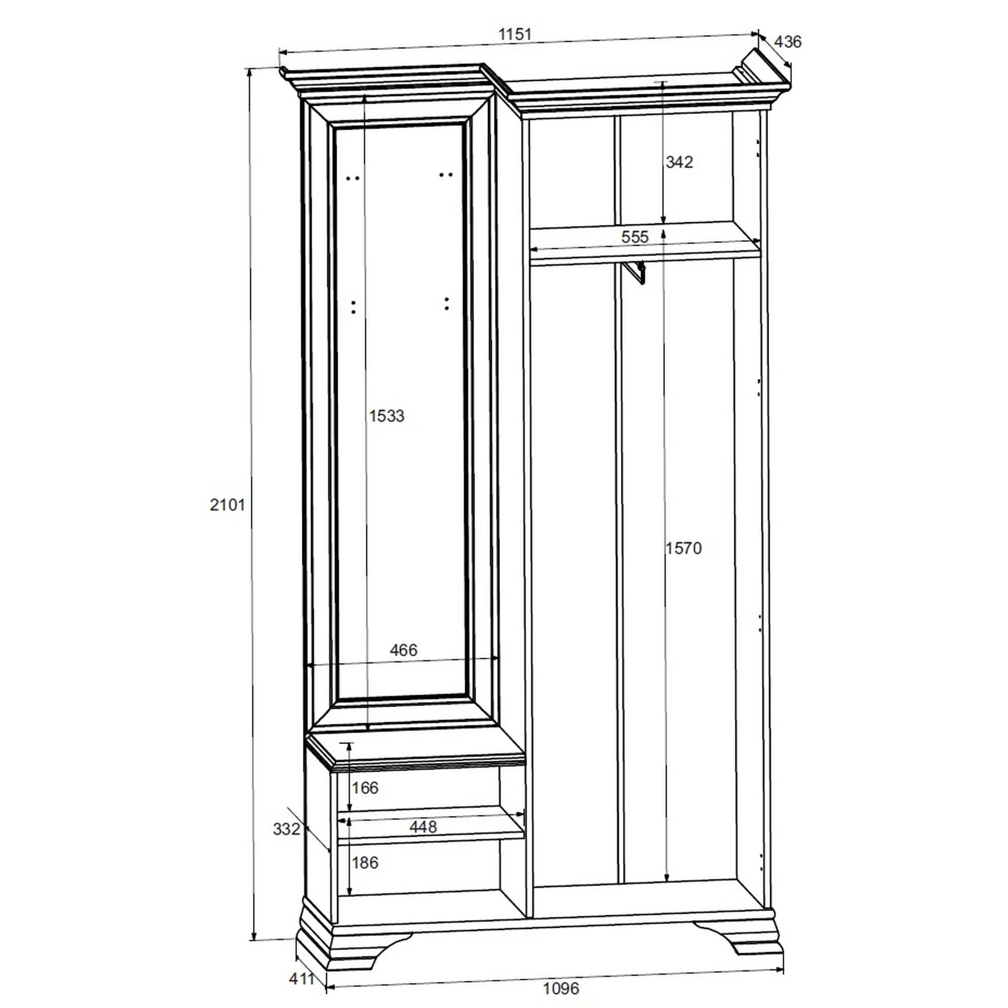 Mobilier hol cu oglinda IDENTO, alb, PAL, 115x44x210 cm
