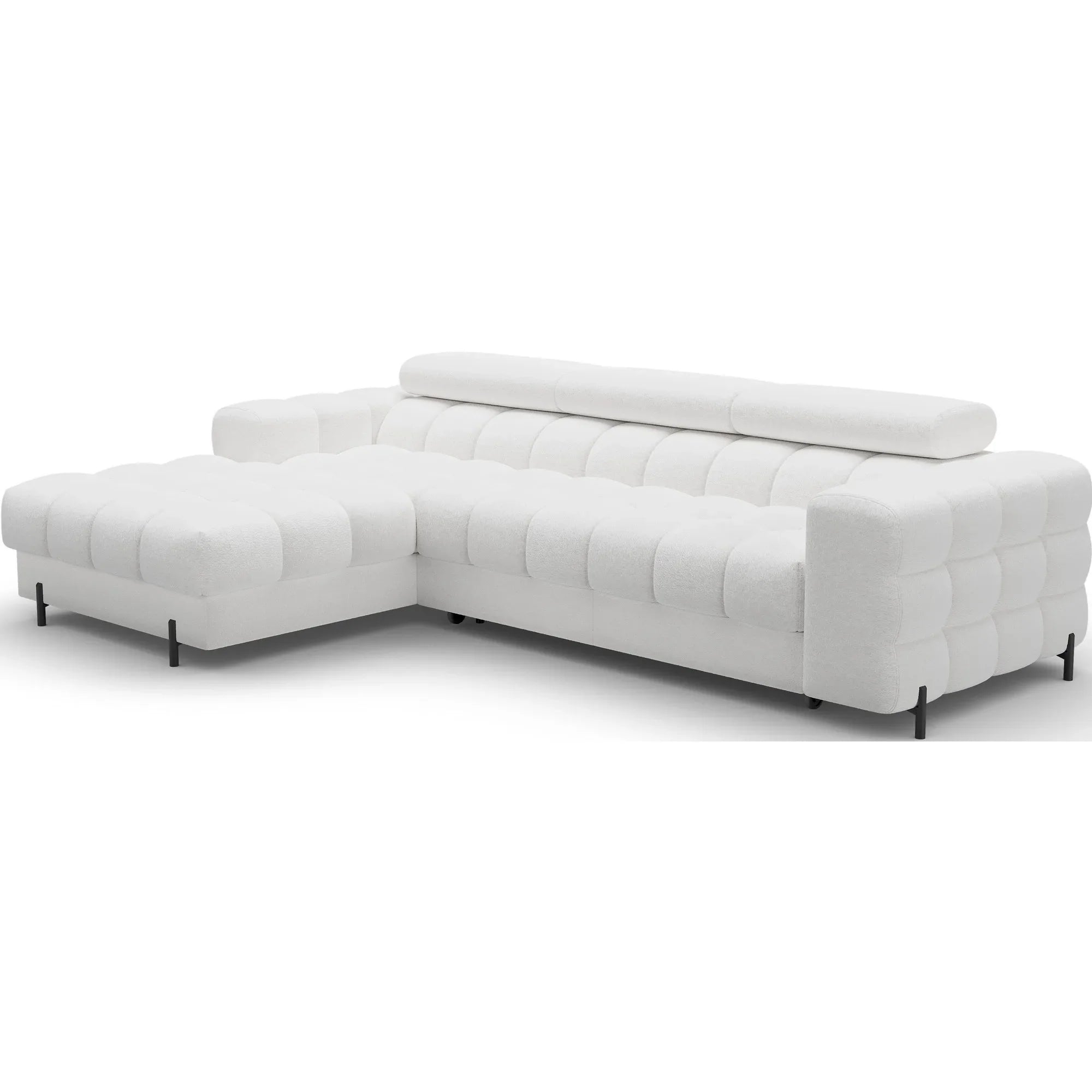 Coltar extensibil FELRO, sezlong stanga, stofa clasica alb - Royal 01, cu lada de depozitare si tetiere reglabile, 285x181x93 cm