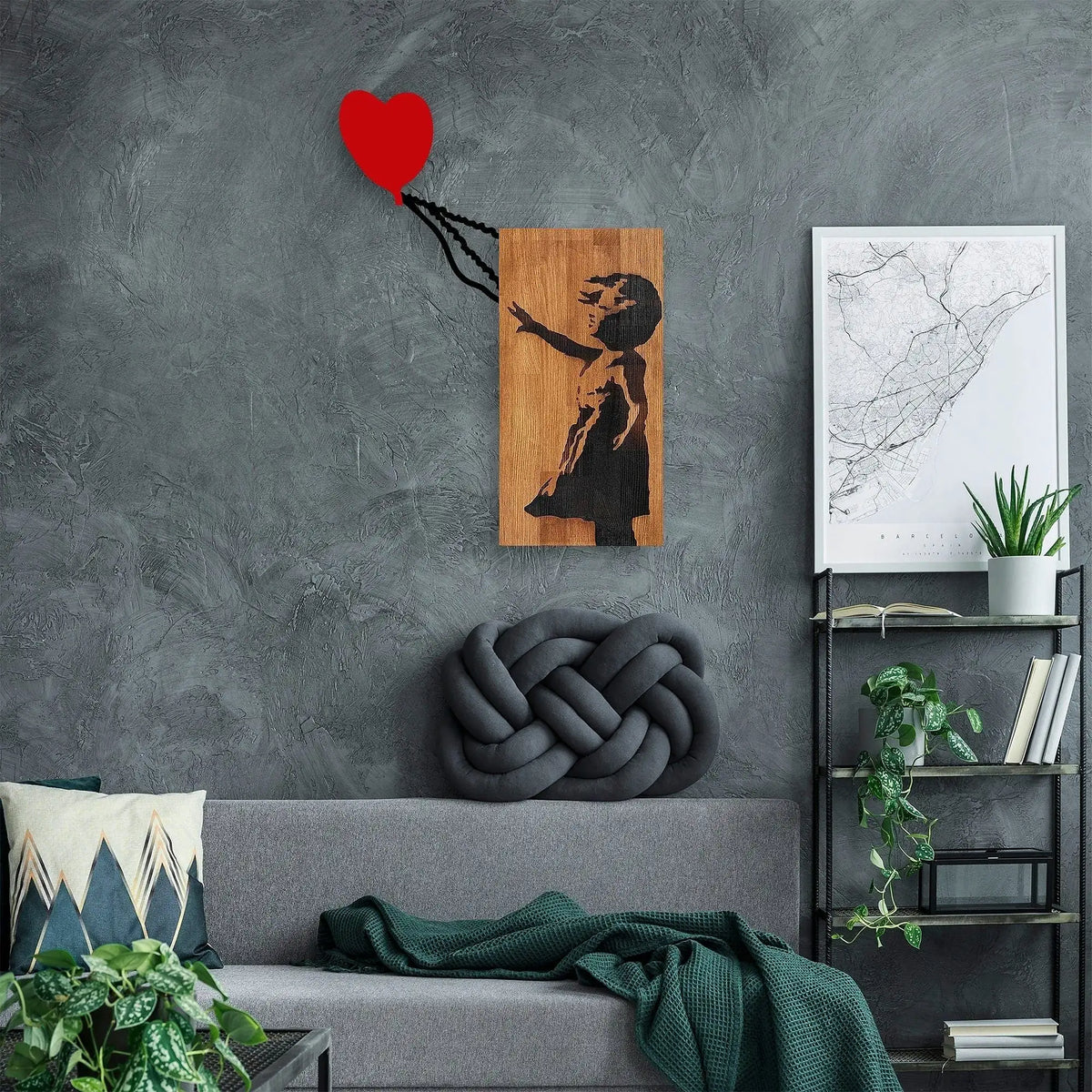 Decoratiune perete 891TNL3148, stejar/negru/rosu, lemn/metal, 83x60 cm
