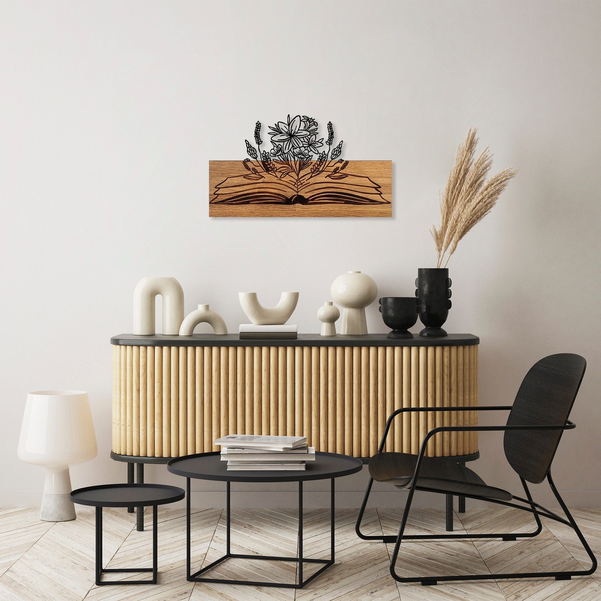 Decoratiune perete 899SKL2411, stejar/negru, metal/lemn, 58x3x32 cm