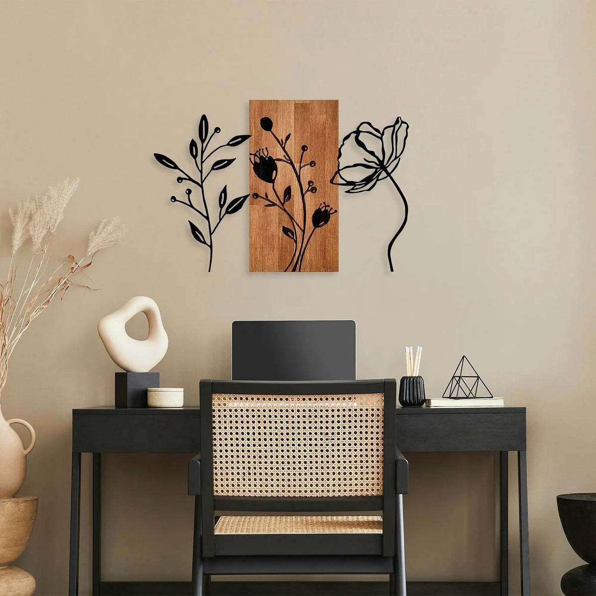 Decoratiune perete 899SKL2464, stejar/negru, lemn/metal, 86x58 cm