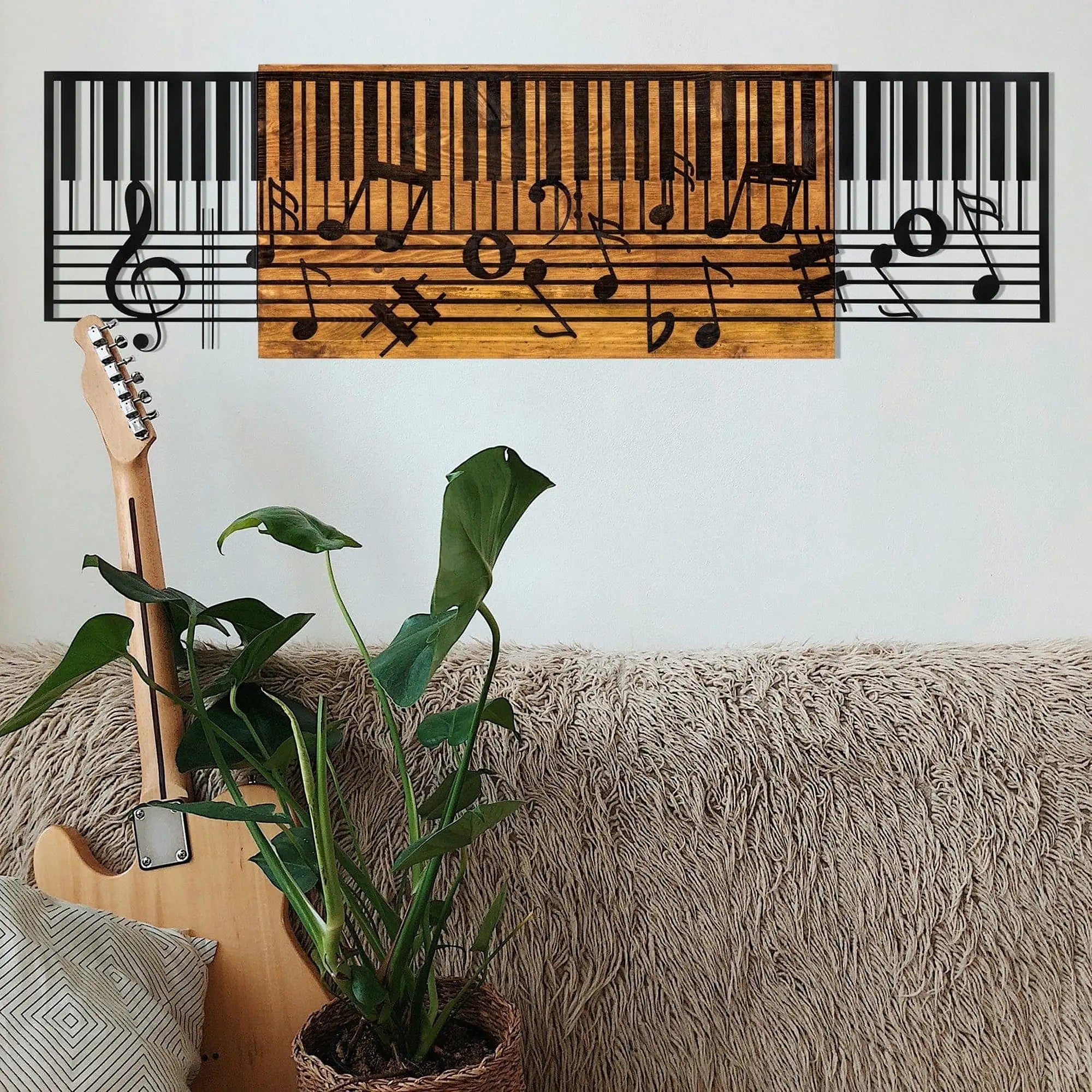 Decoratiune perete ARYA, negru/stejar, metal/lemn, 100x3x30 cm
