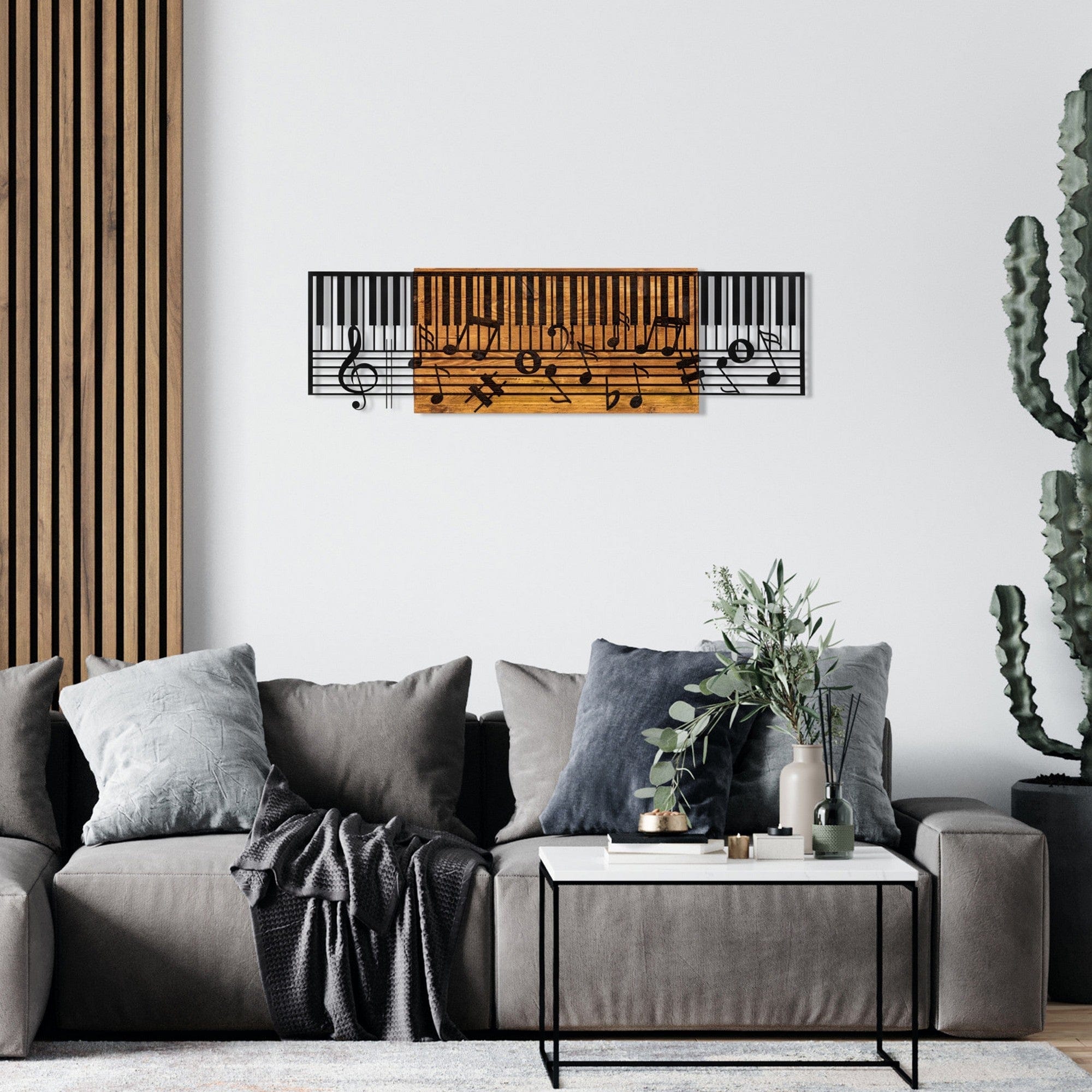 Decoratiune perete ARYA, negru/stejar, metal/lemn, 100x3x30 cm