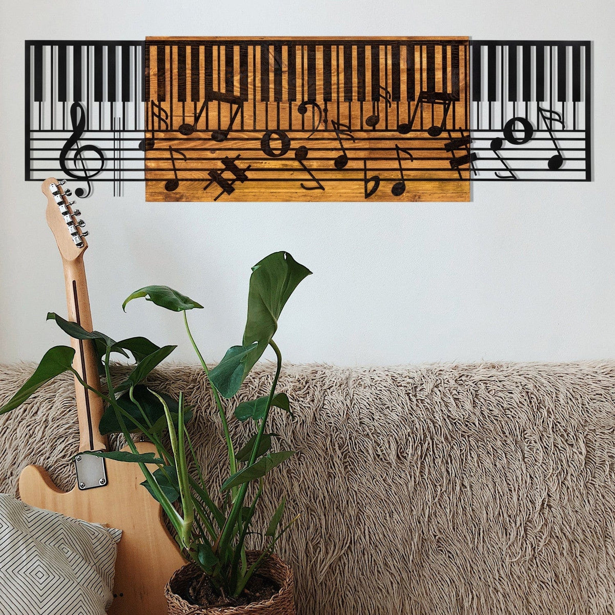 Decoratiune perete ARYA, negru/stejar, metal/lemn, 100x3x30 cm