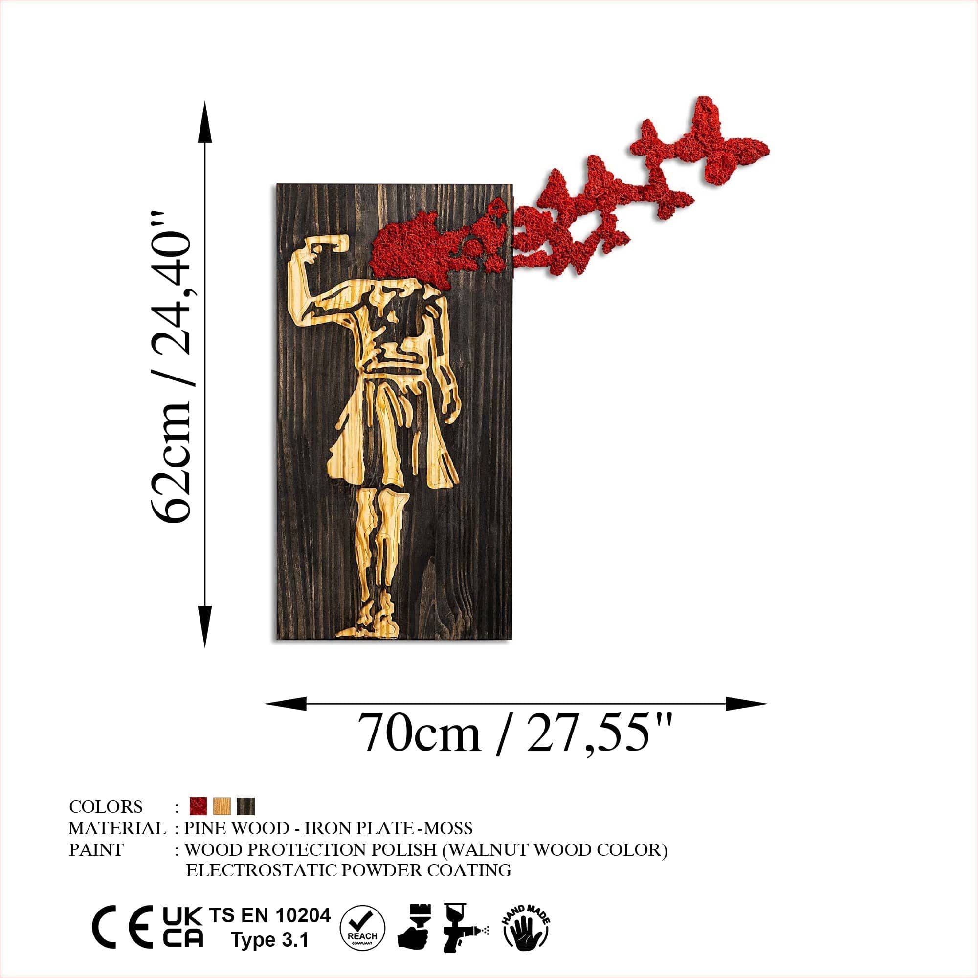 Decoratiune perete BANKSY-16-1, nuc/stejar/rosu, lemn, 70x3x62 cm