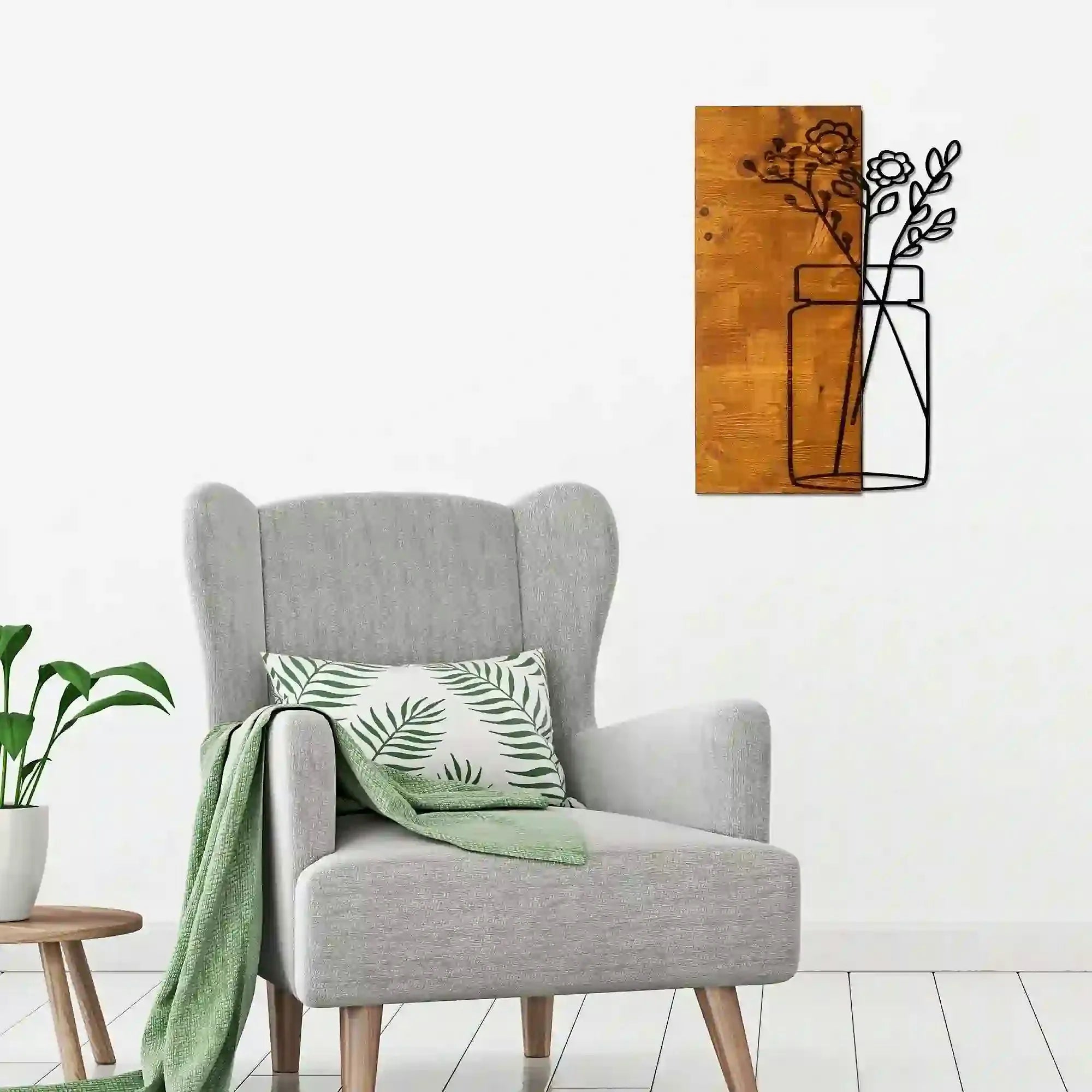 Decoratiune perete CICEK1, stejar/negru, lemn/metal, 40x58 cm