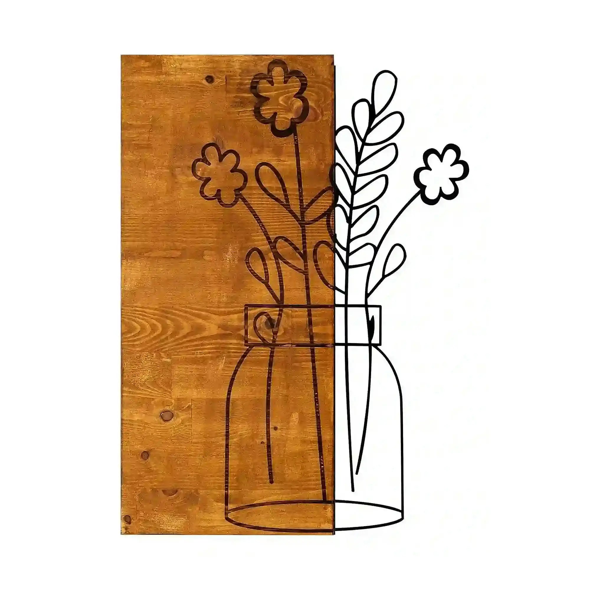 Decoratiune perete CICEK2, stejar/negru, lemn/metal, 41x58 cm