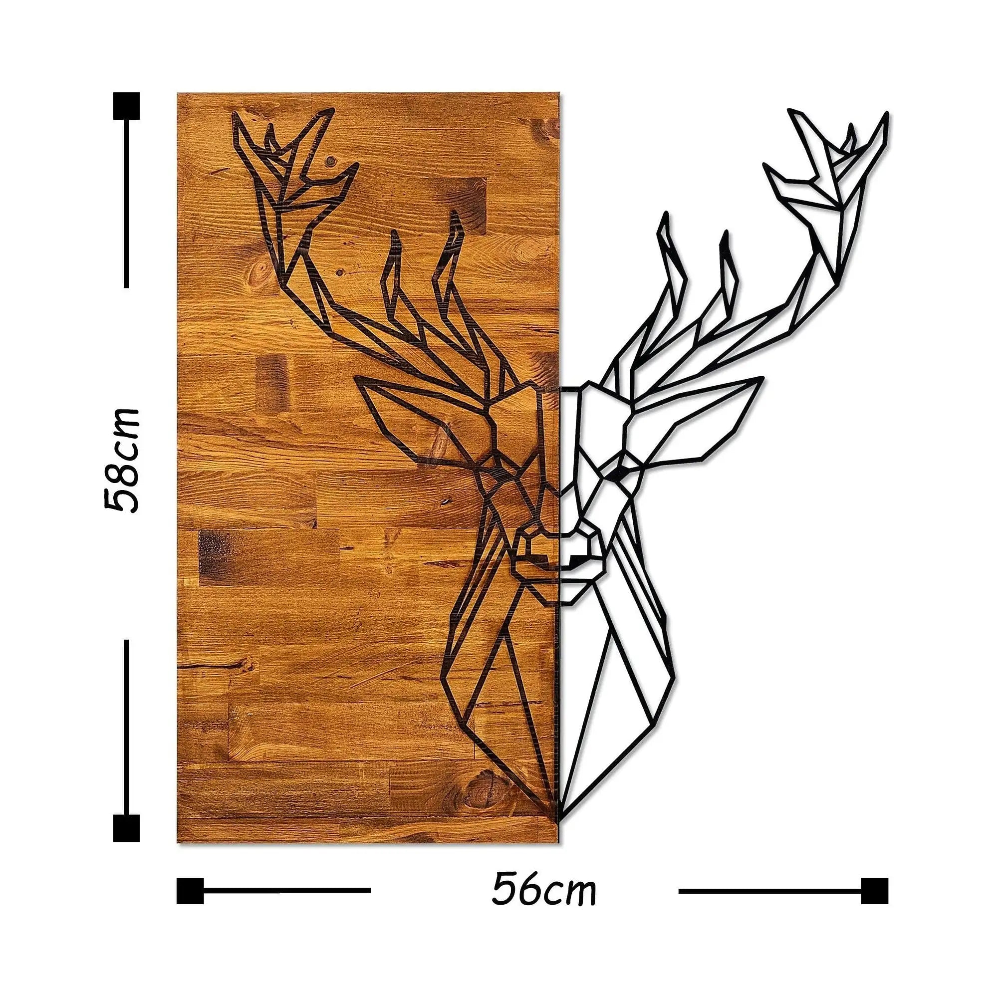 Decoratiune perete DEER1, stejar/negru, lemn/metal, 56x3x58 cm