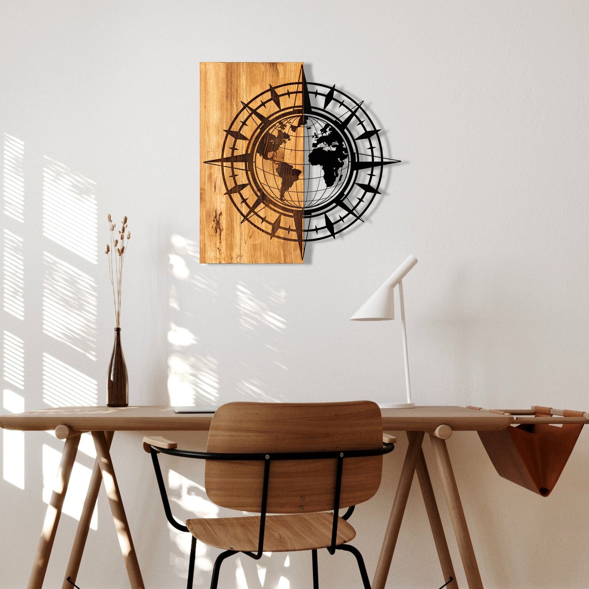 Decoratiune perete ESILA, stejar/negru, lemn/metal, 57x3x58 cm