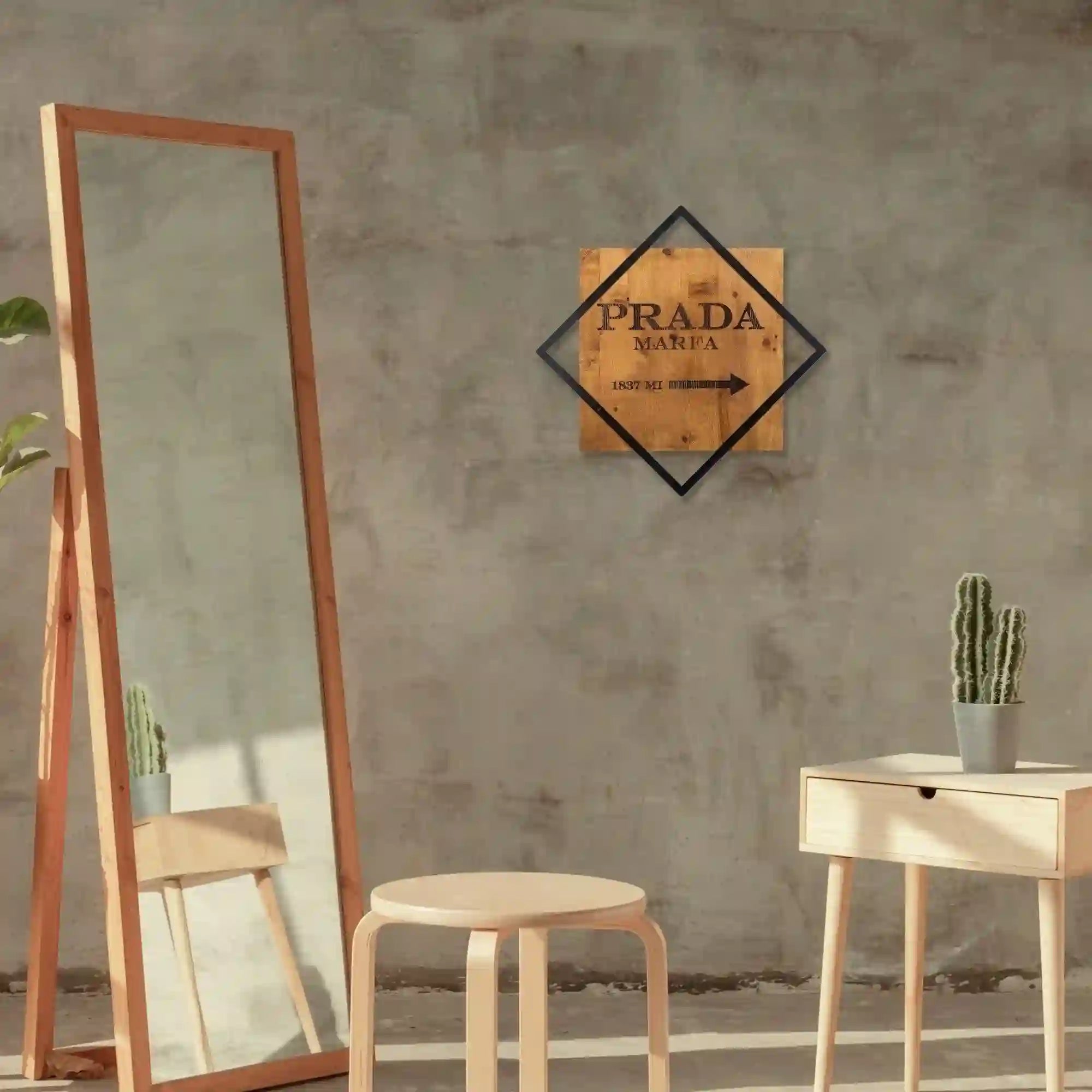 Decoratiune perete FASHION 2, stejar/negru, lemn/metal, 54x54 cm