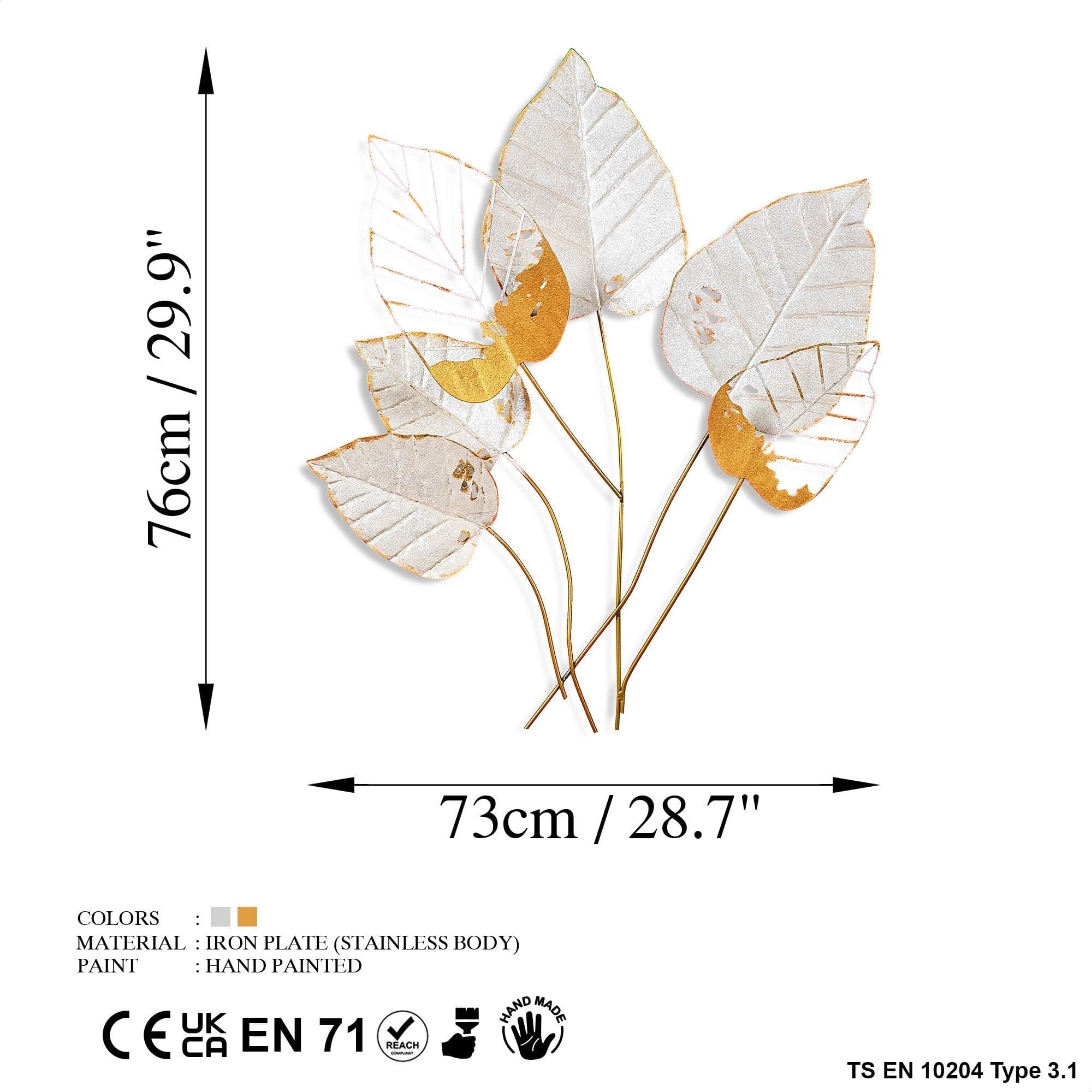 Decoratiune perete FEUILLE 2, alb/auriu, metal, 73x4x76 cm