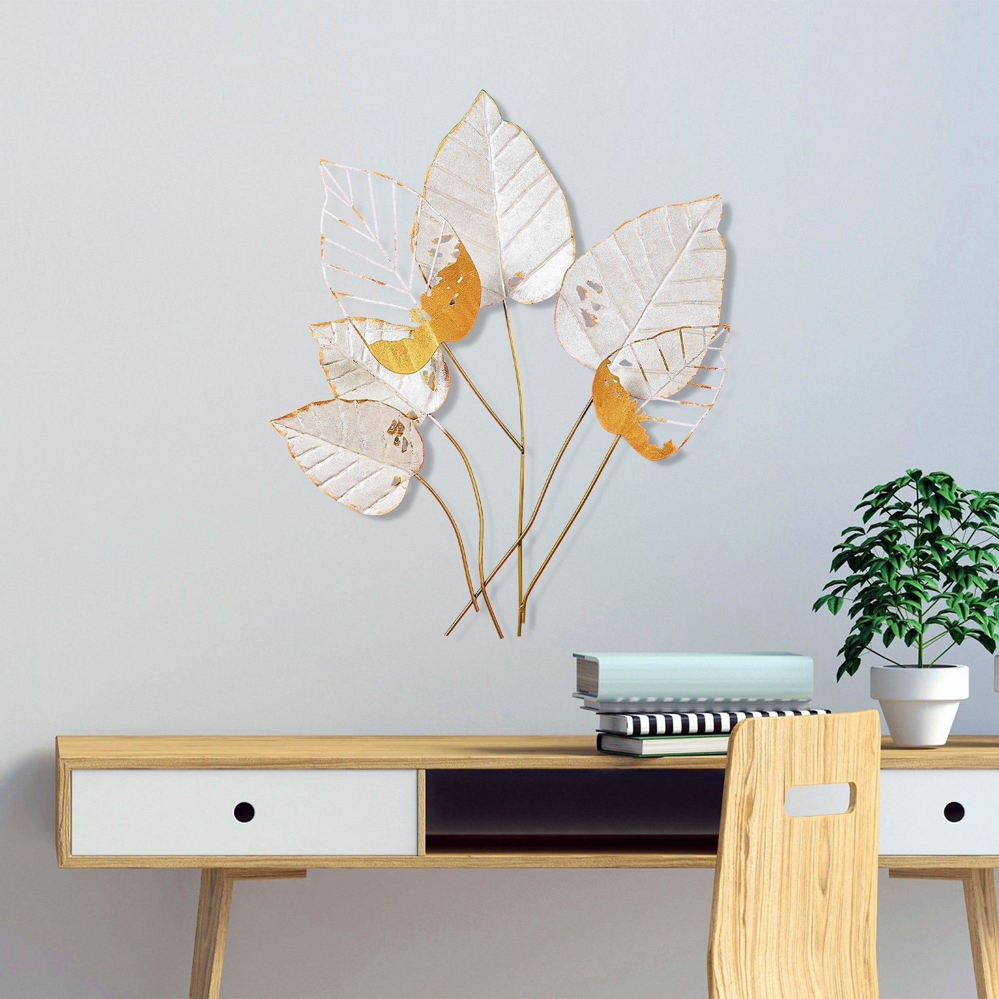 Decoratiune perete FEUILLE 2, alb/auriu, metal, 73x4x76 cm