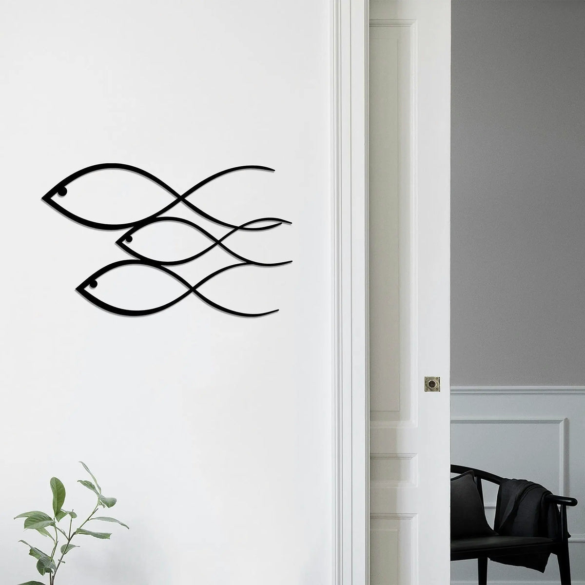 Decoratiune perete FISH, negru, metal, 50x30 cm