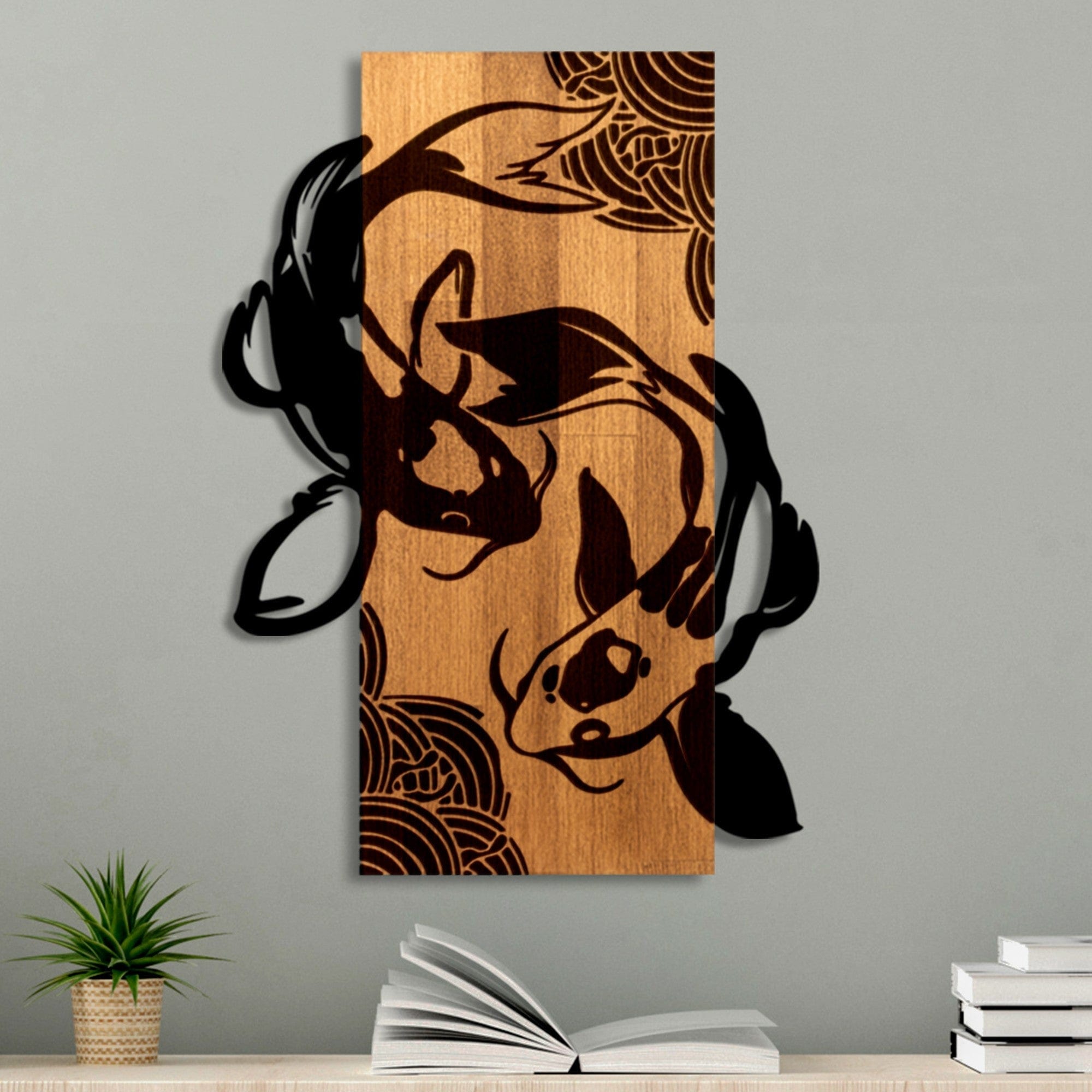 Decoratiune perete FISH YOUNG, negru/stejar, metal/lemn, 43x3x58 cm