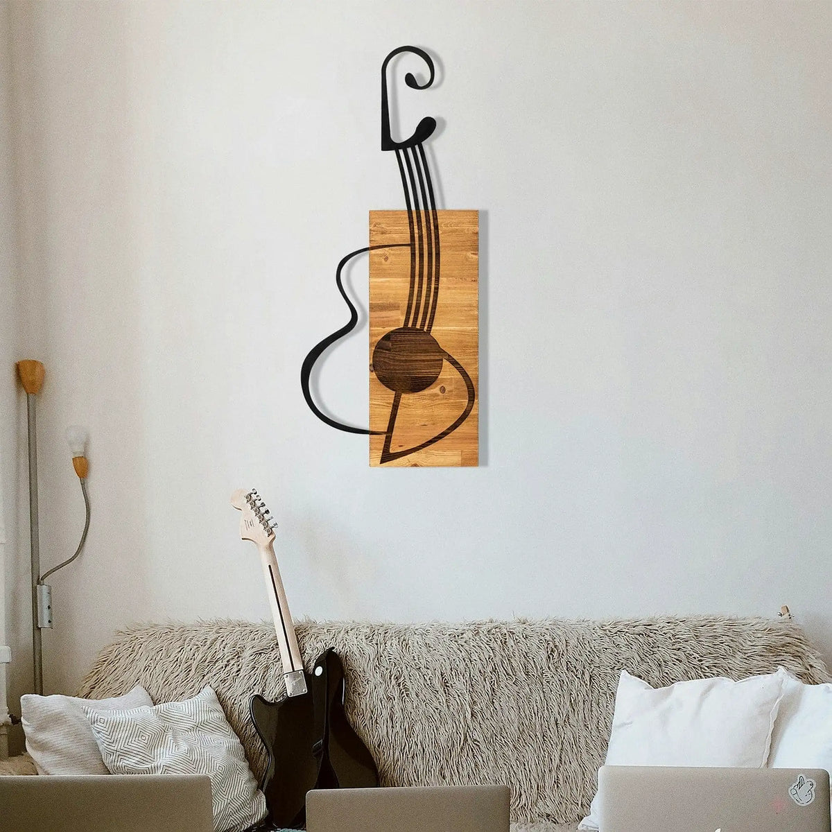 Decoratiune perete GITAR, stejar/negru, metal/lemn, 39x3x93 cm