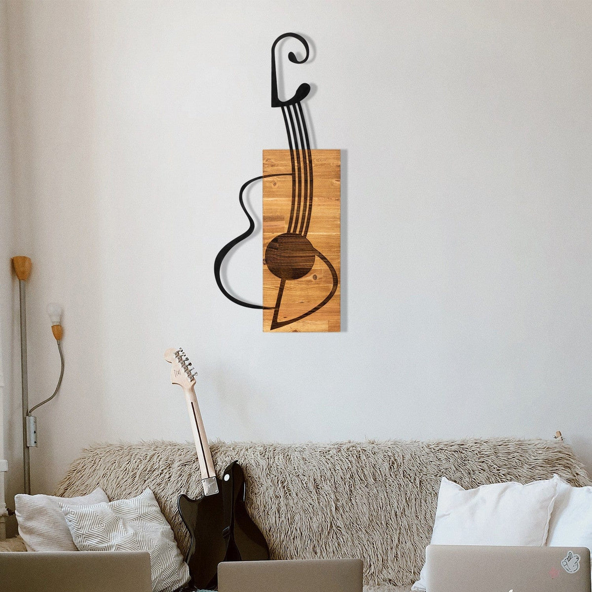 Decoratiune perete GITAR, stejar/negru, metal/lemn, 39x3x93 cm