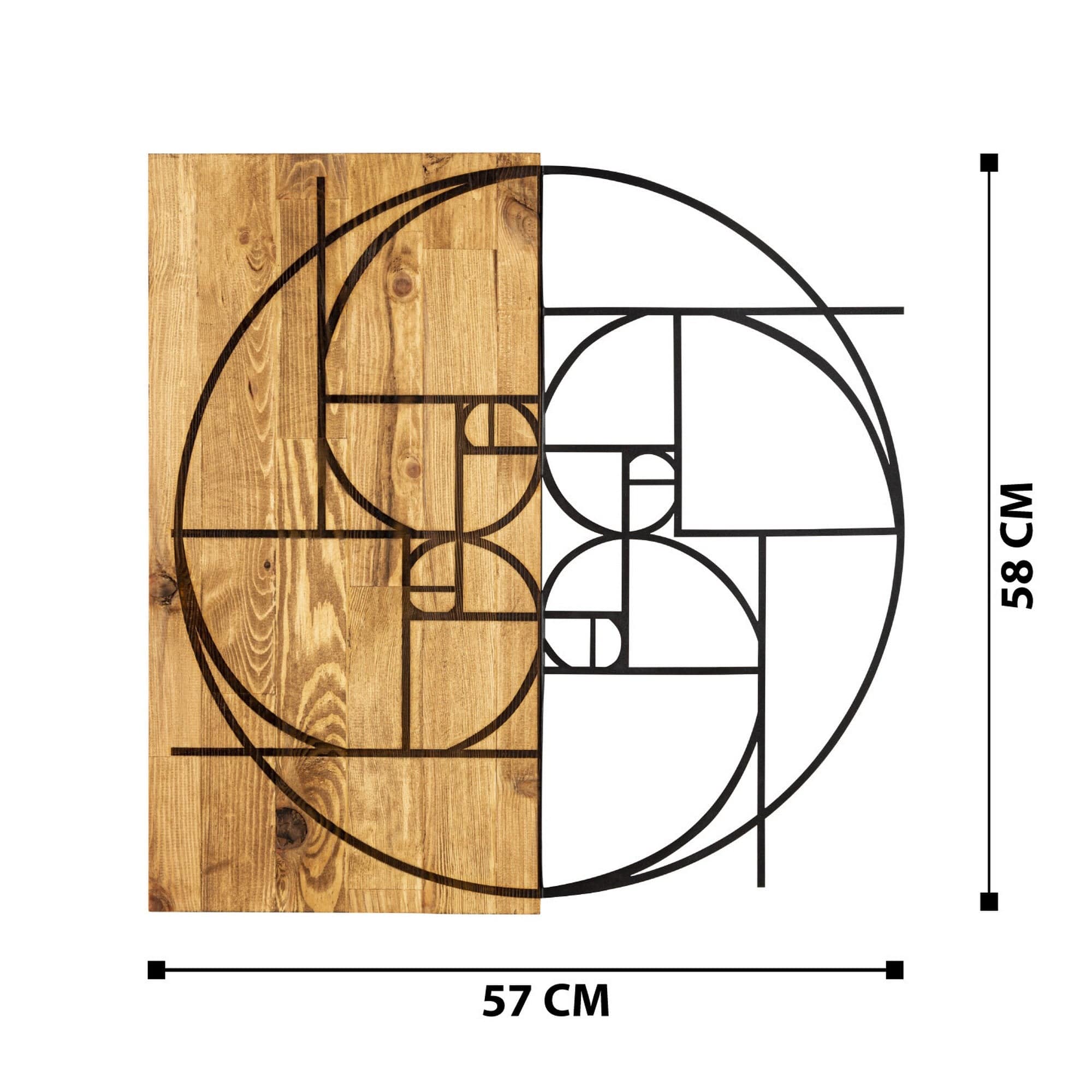 Decoratiune perete GOLDEN RATIO, stejar/negru, metal/lemn, 57x58 cm