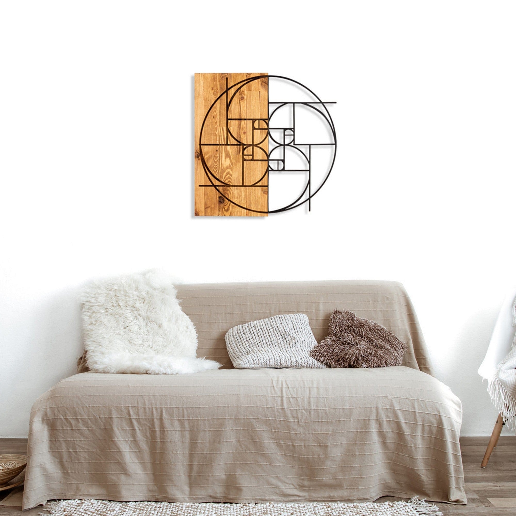 Decoratiune perete GOLDEN RATIO, stejar/negru, metal/lemn, 57x58 cm