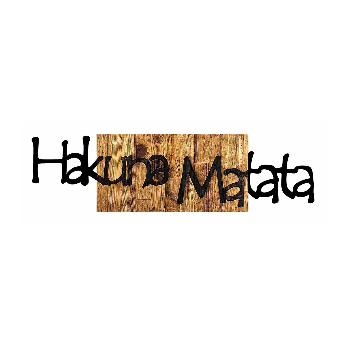 Decoratiune perete HAKUNA MATATA 4, negru/nuc, metal/lemn, 108x3x30 cm
