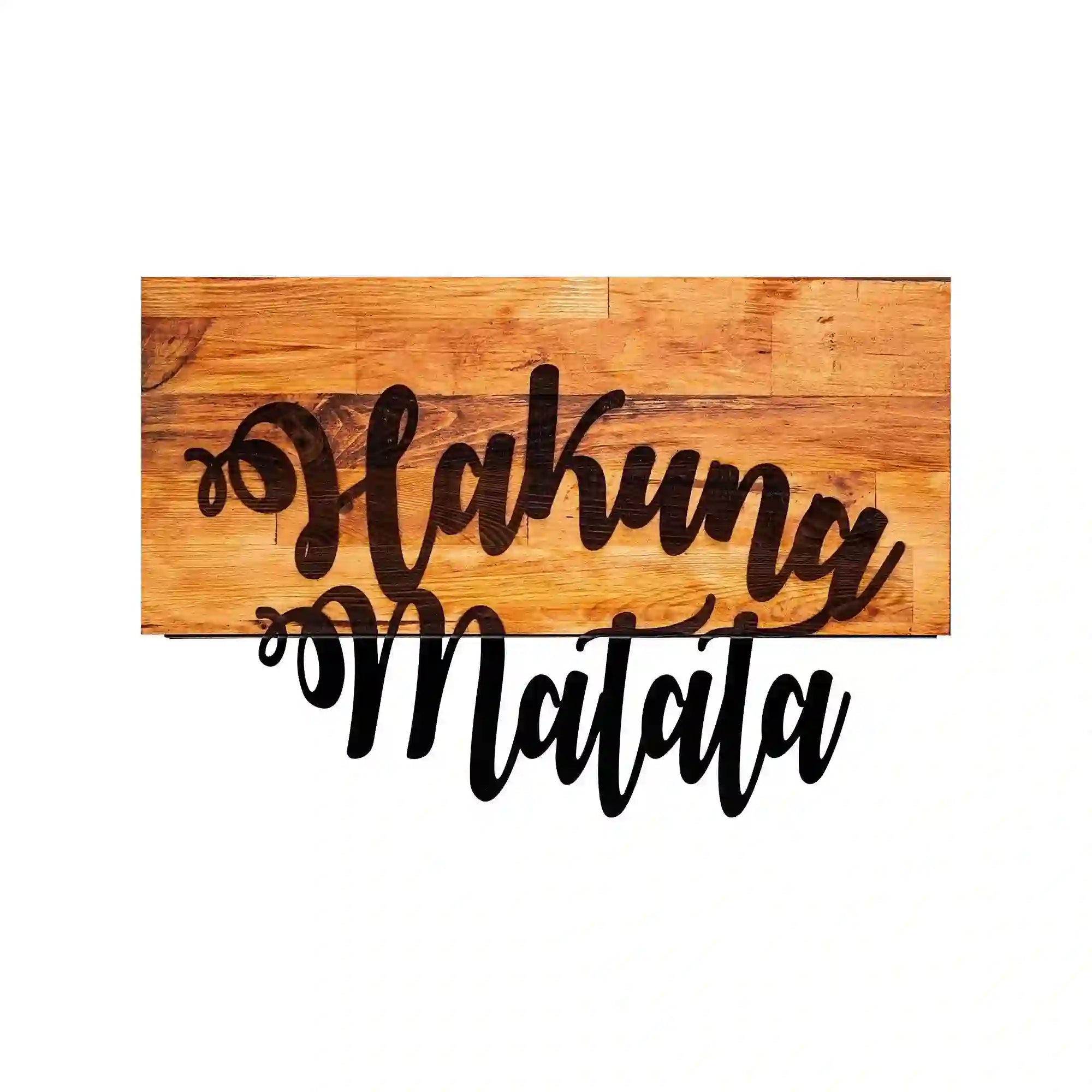 Decoratiune perete HAKUNA MATATA, stejar/negru, lemn/metal, 58x38 cm