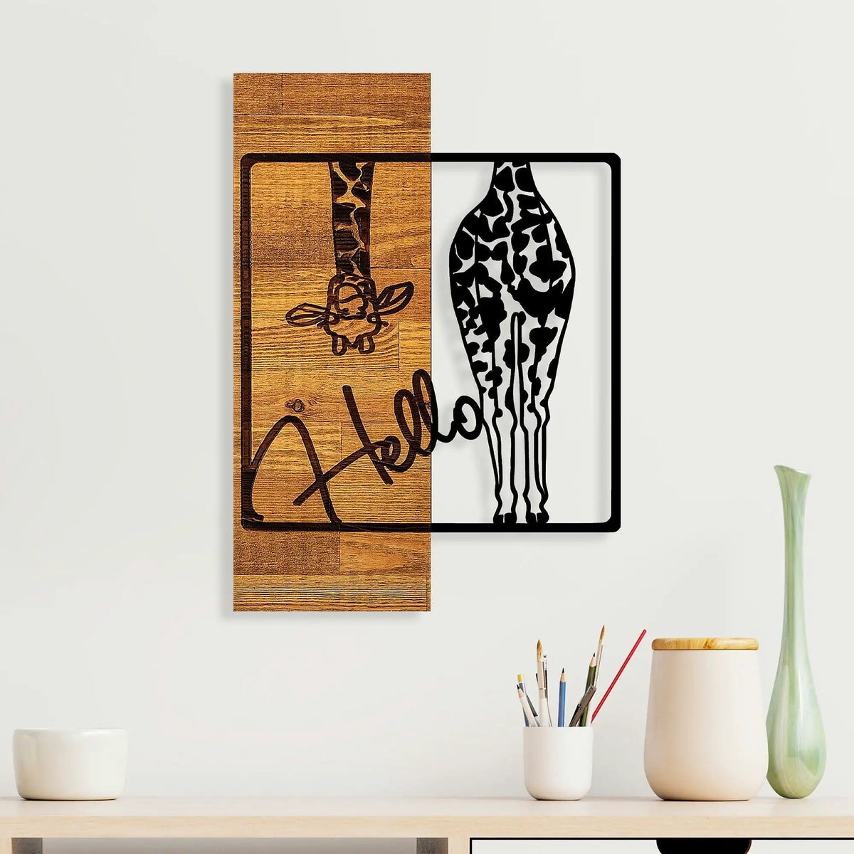 Decoratiune perete HELLO, negru/stejar, metal/lemn, 35x3x50 cm