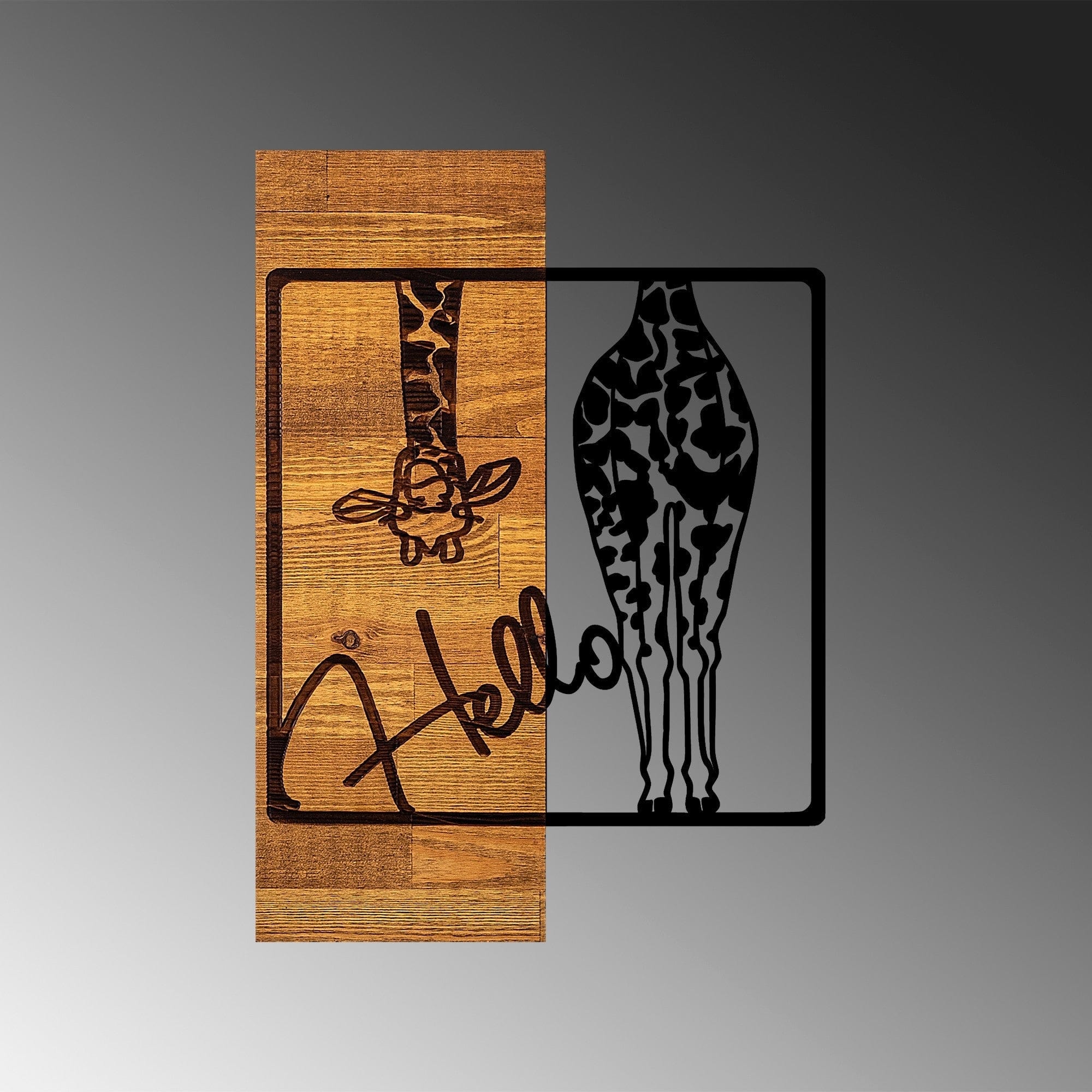 Decoratiune perete HELLO, negru/stejar, metal/lemn, 35x3x50 cm