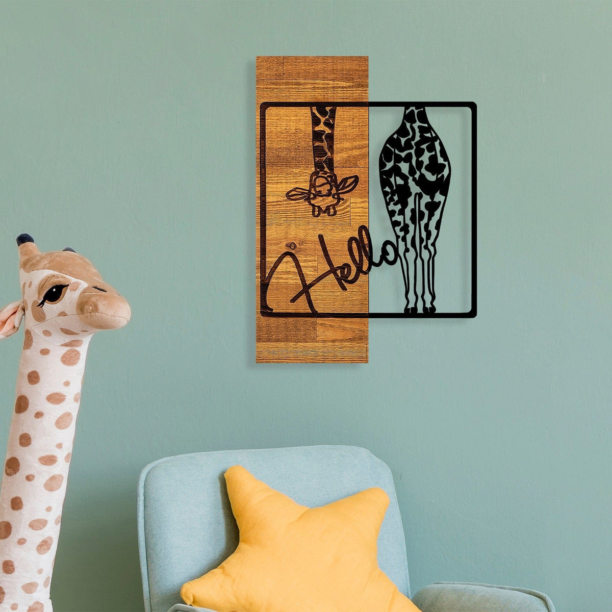 Decoratiune perete HELLO, negru/stejar, metal/lemn, 35x3x50 cm