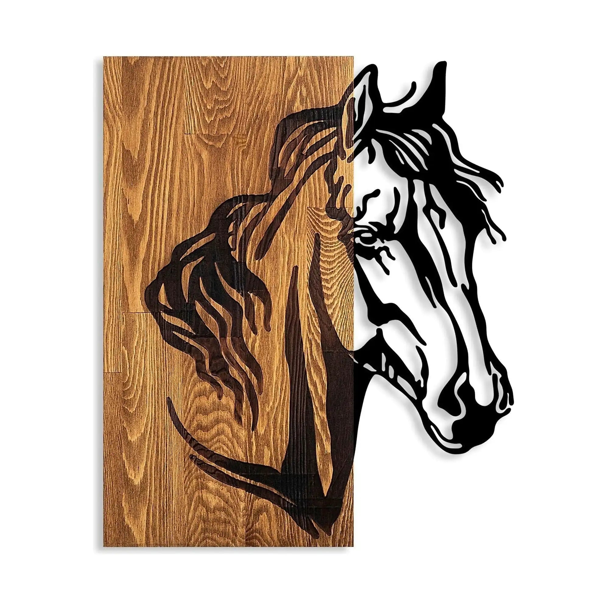 Decoratiune perete HORSE 1, stejar/negru, lemn/metal, 48x57 cm
