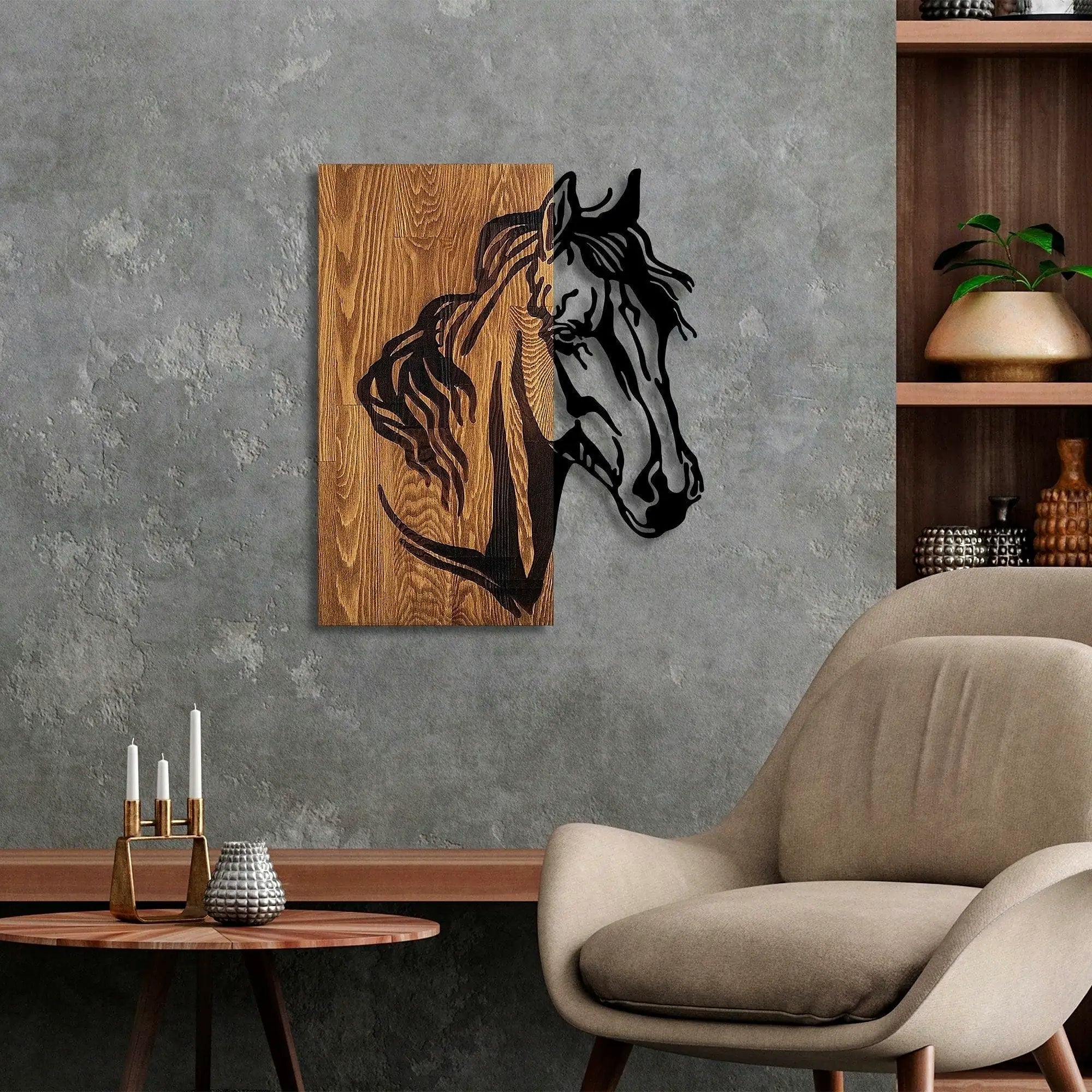 Decoratiune perete HORSE 1, stejar/negru, lemn/metal, 48x57 cm