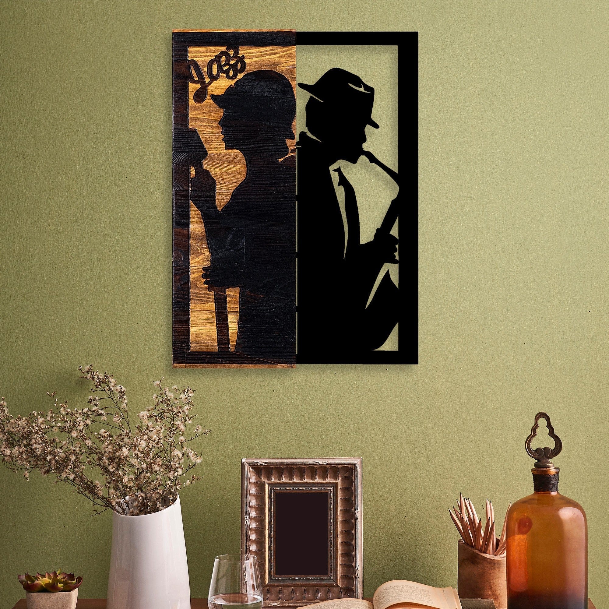 Decoratiune perete JAZZ, negru/stejar, metal/lemn, 32x3x50 cm