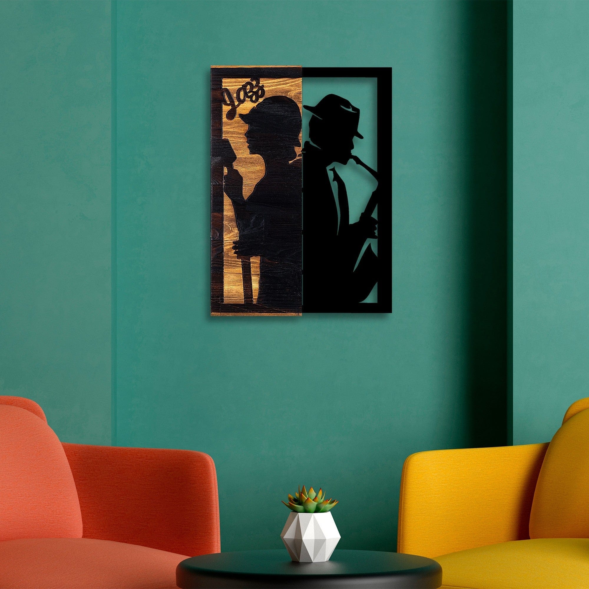 Decoratiune perete JAZZ, negru/stejar, metal/lemn, 32x3x50 cm